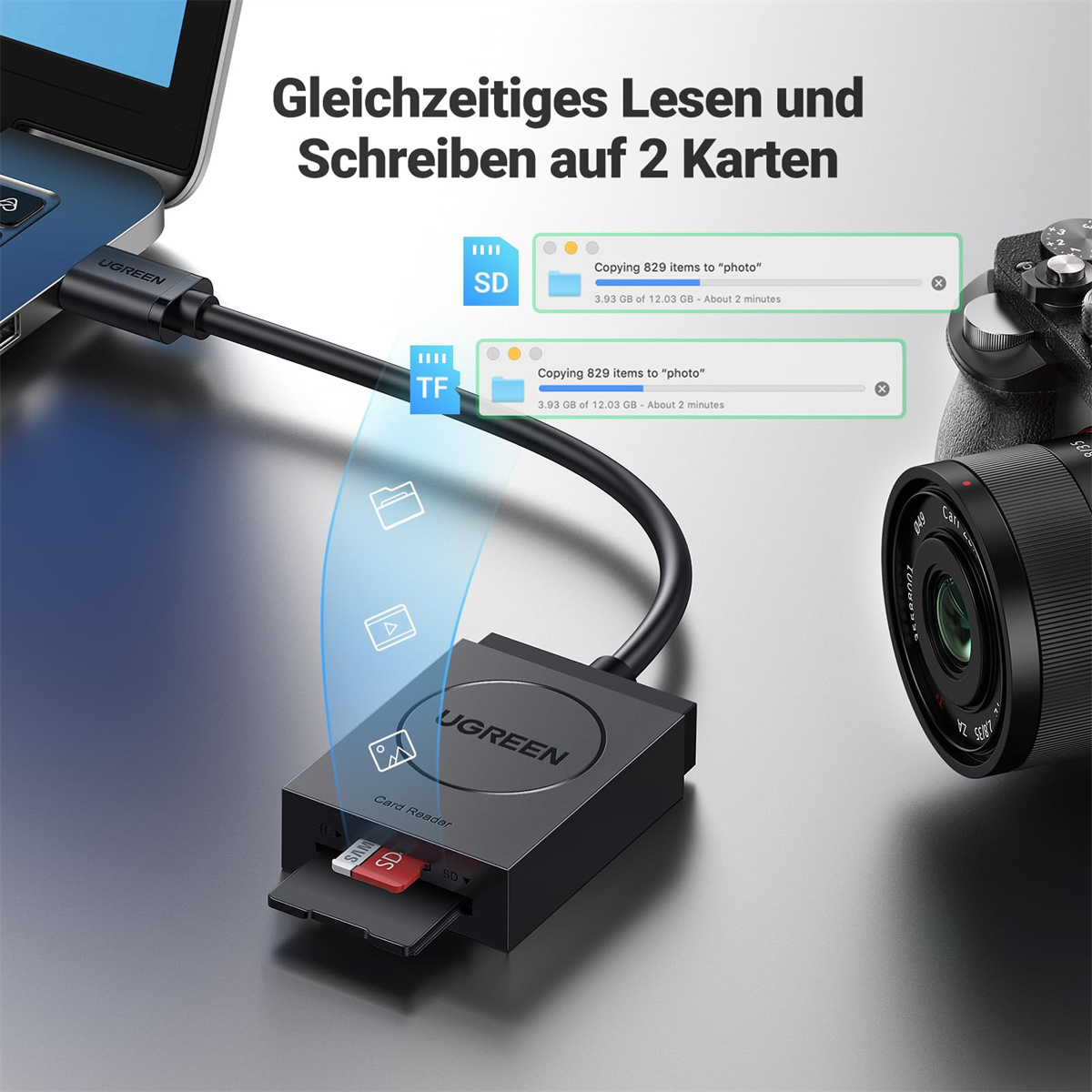 UGREEN-Kartenleser mit Laptop verbunden. Zwei Karten kopieren Dateien.