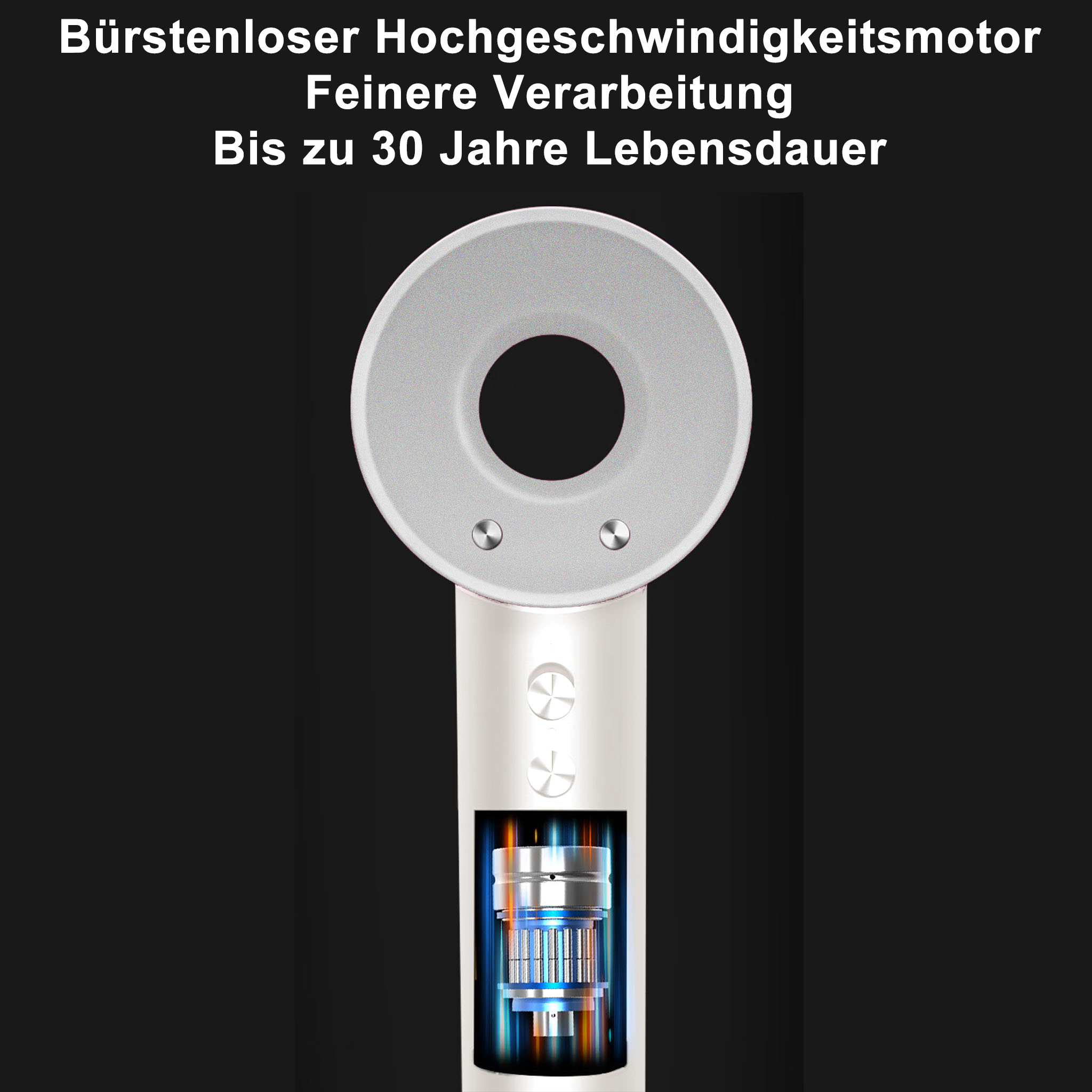 Ein elektrischer Haartrockner mit weißem Griff und rundem Kopf mit Loch in der Mitte.