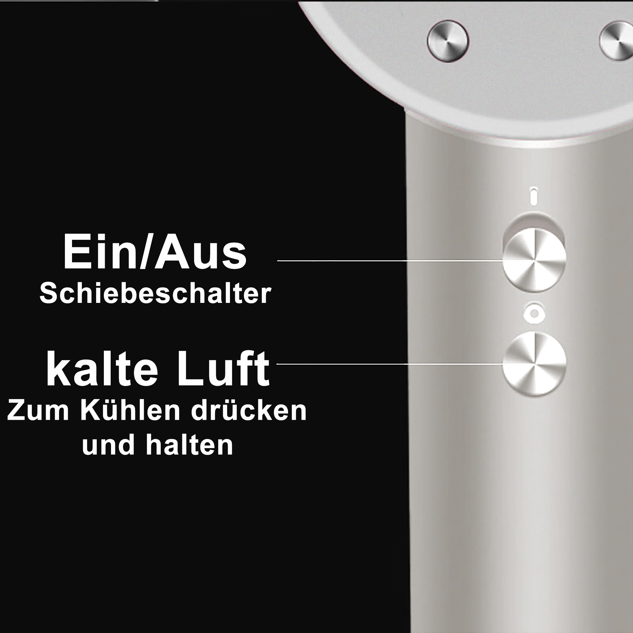 Nahaufnahme eines Haartrockners mit Ein-/Aus-Schalter und Kaltlufttaste, beschriftet.