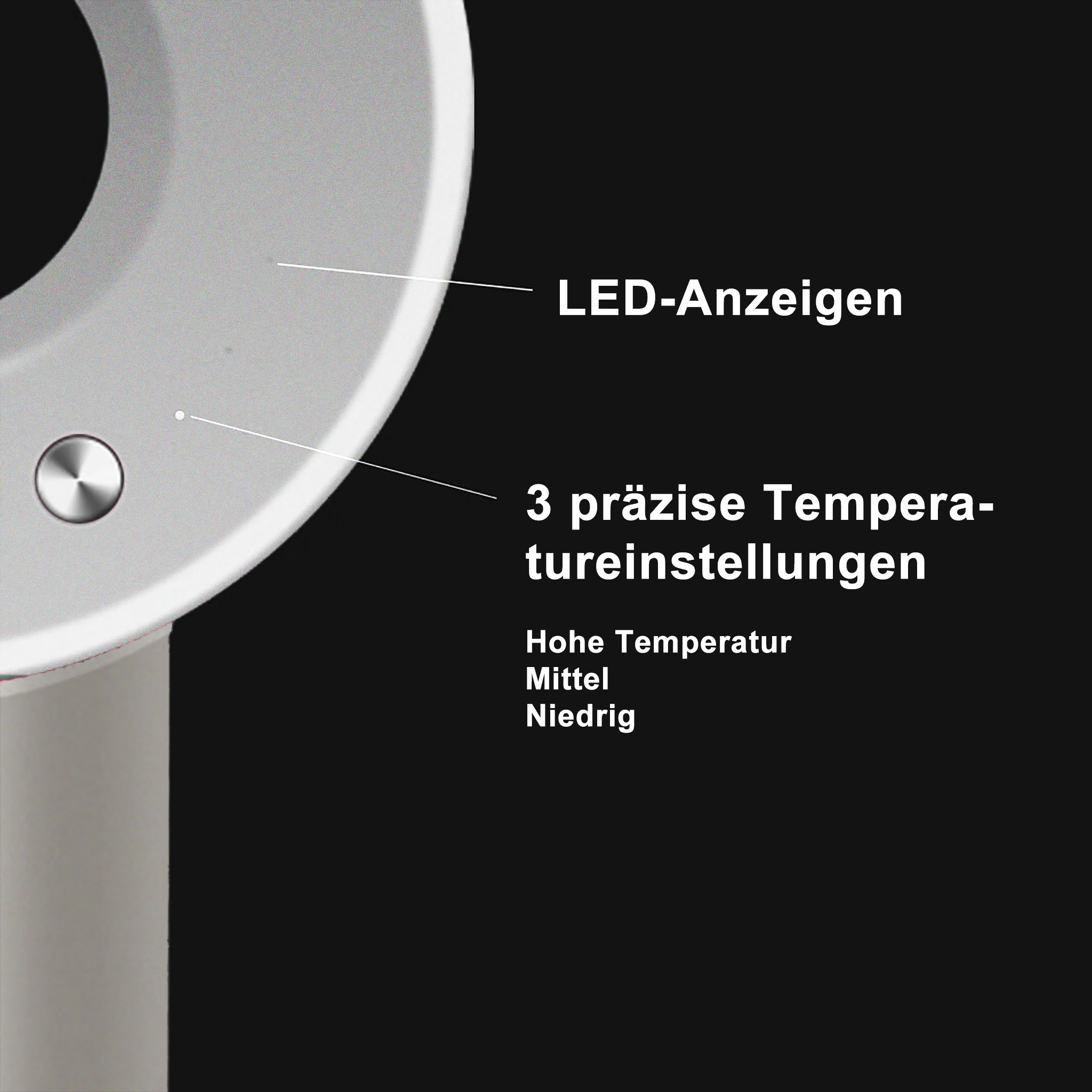 Nahaufnahme des Haartrocknerkopfes mit LED-Anzeigen und Temperatureinstellungen: Hoch, Mittel, Niedrig.