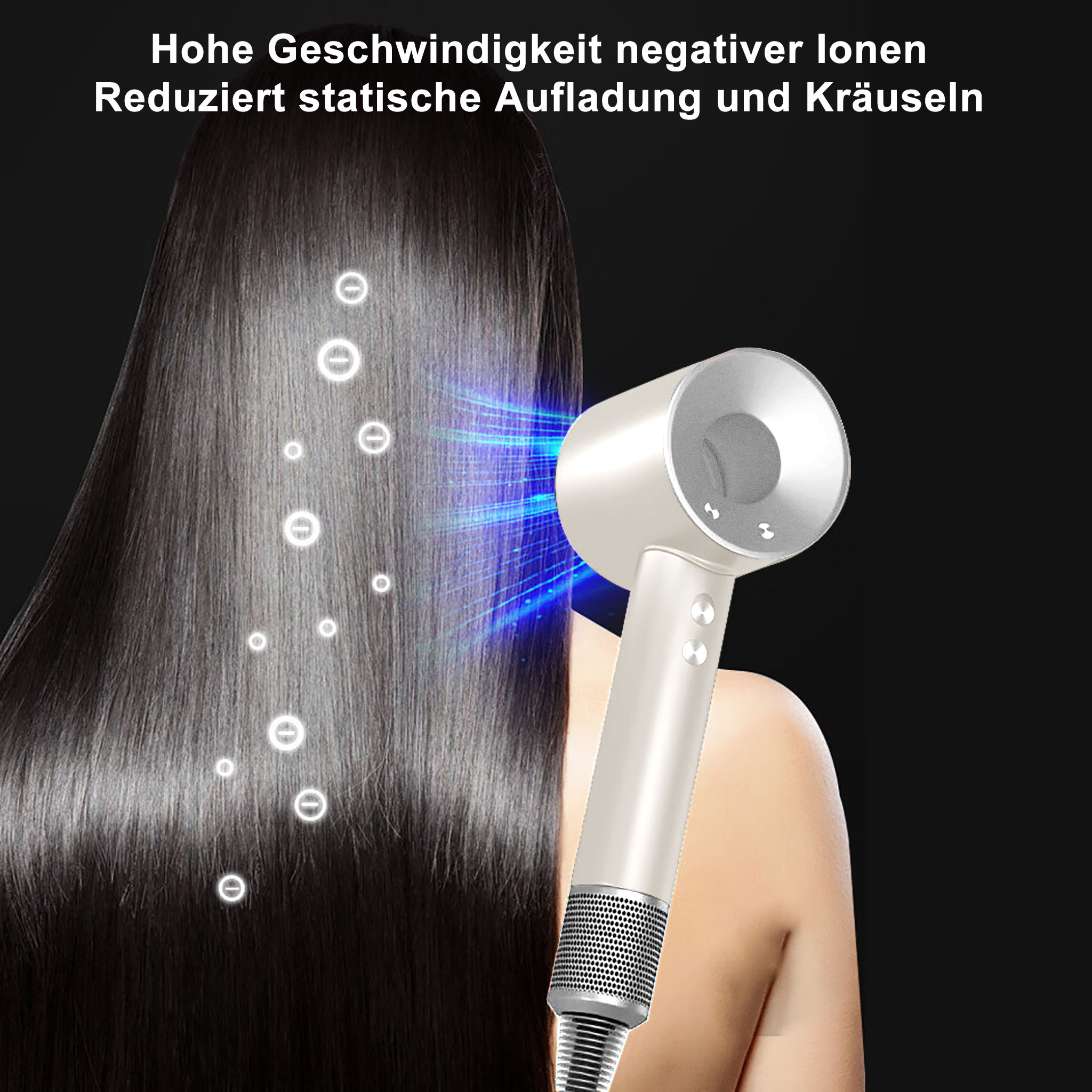 Eine Frau mit langen, glatten, schwarzen Haaren, die mit einem Haartrockner getrocknet werden. Blaue Strahlen.