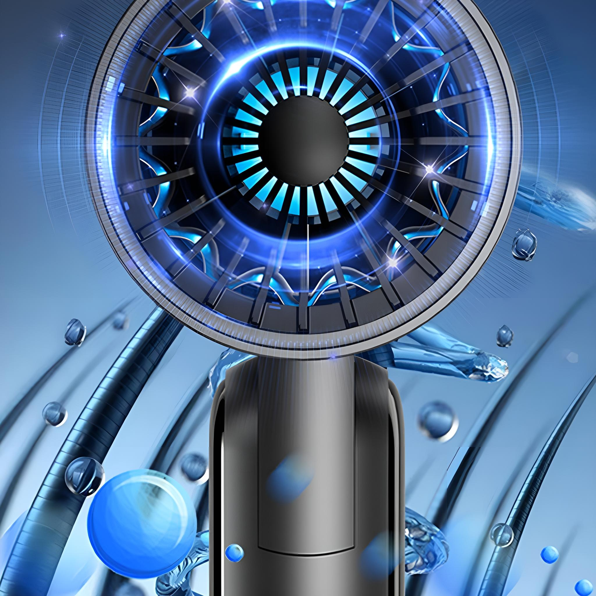 Nahaufnahme eines grauen Haartrockners mit blauem Licht, der seine Technologie und sein Design für die Haarpflege hervorhebt.