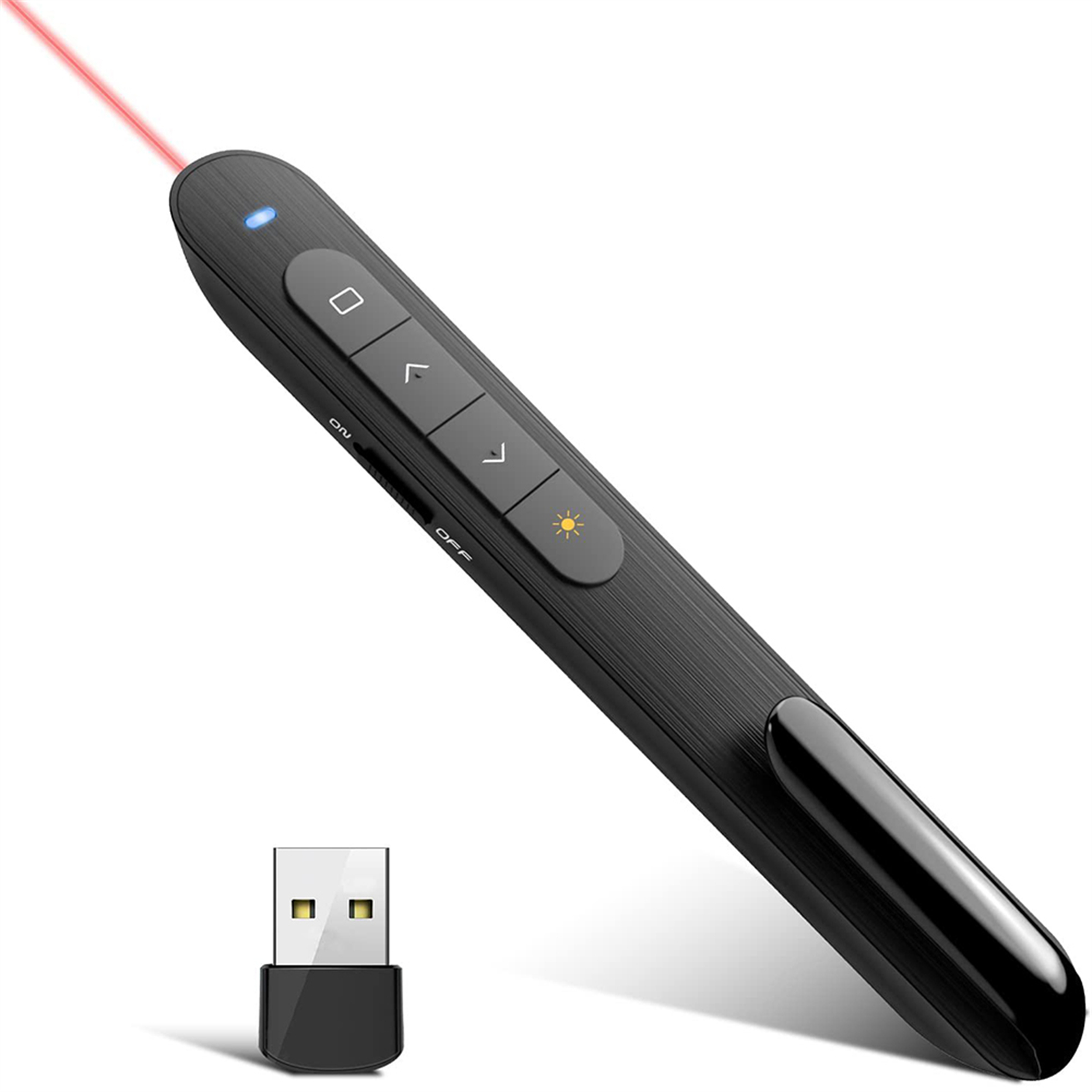 Schwarzer Präsentations-Laserpointer mit Tasten und USB-Empfänger.