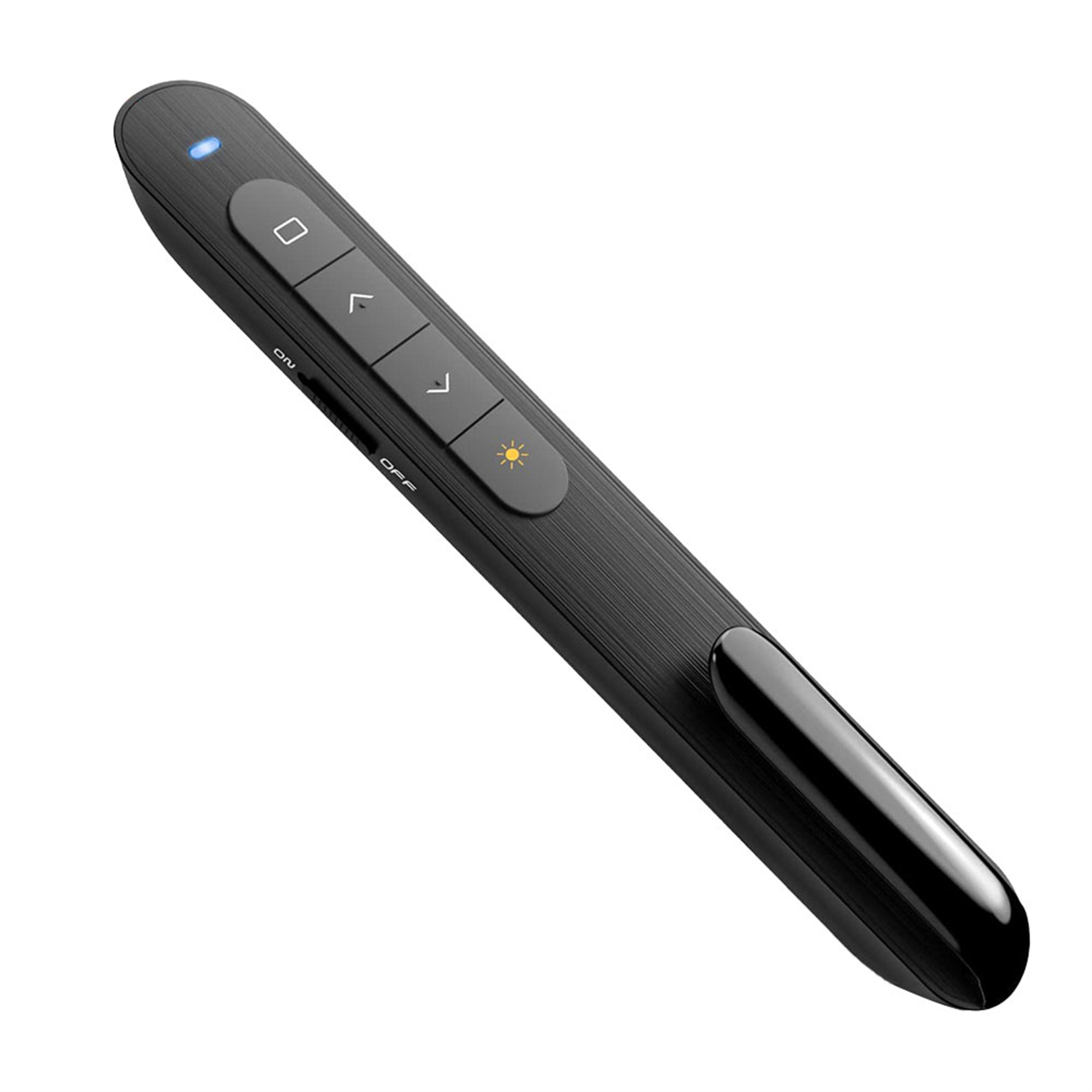 Schwarzer Präsentations-Laserpointer mit Tasten und schlankem Design.