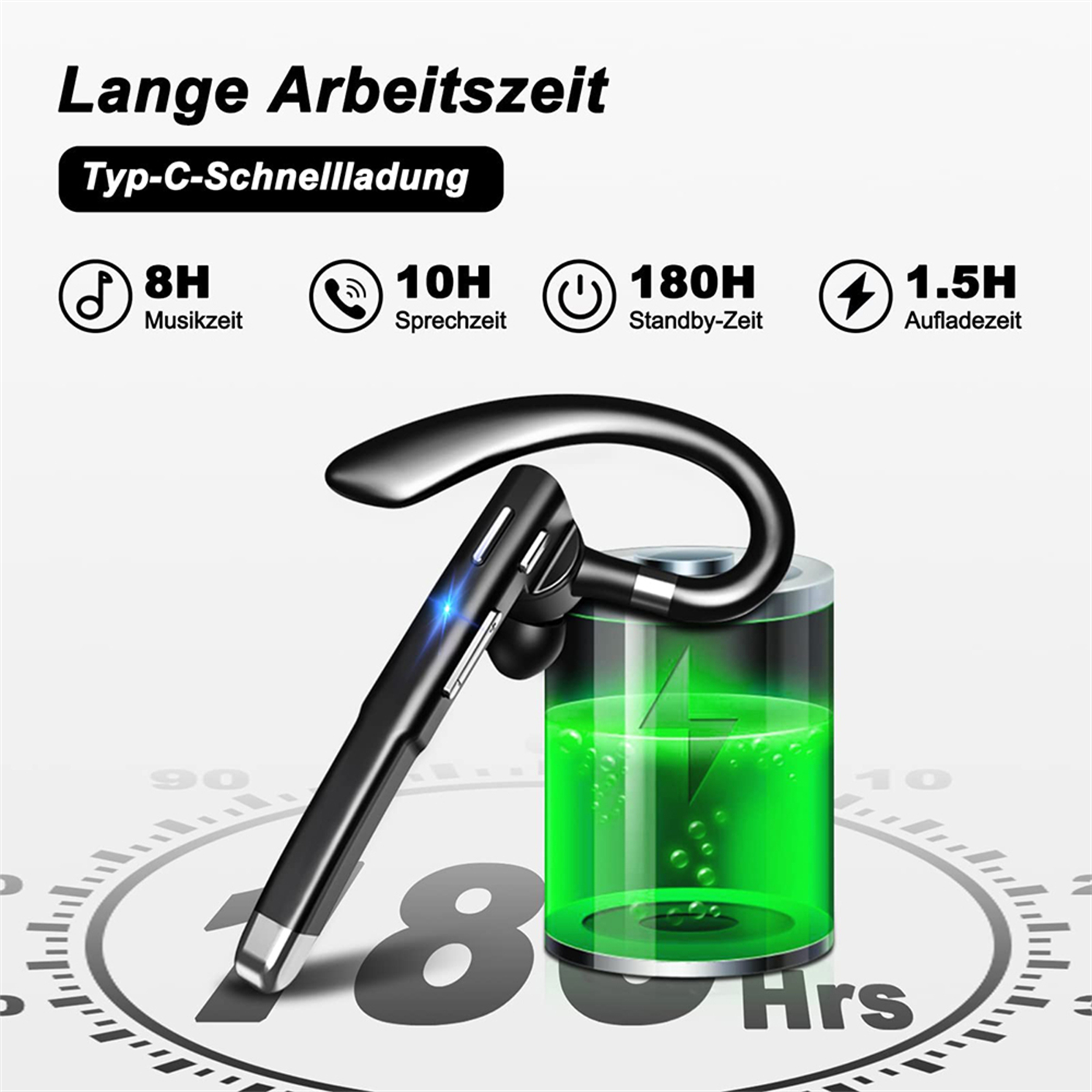 Schwarzes Headset auf grüner Batterie, das Musik-, Sprech-, Standby- und Ladezeiten anzeigt.