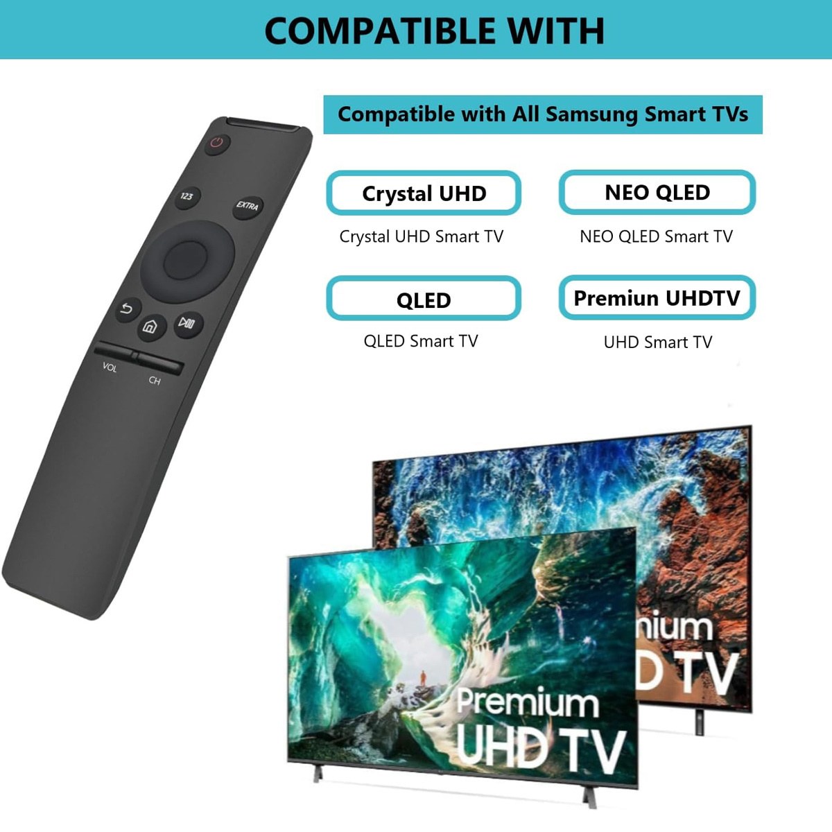 Eine Fernbedienung, die auf zwei Samsung-Fernseher zeigt und die Kompatibilität hervorhebt.