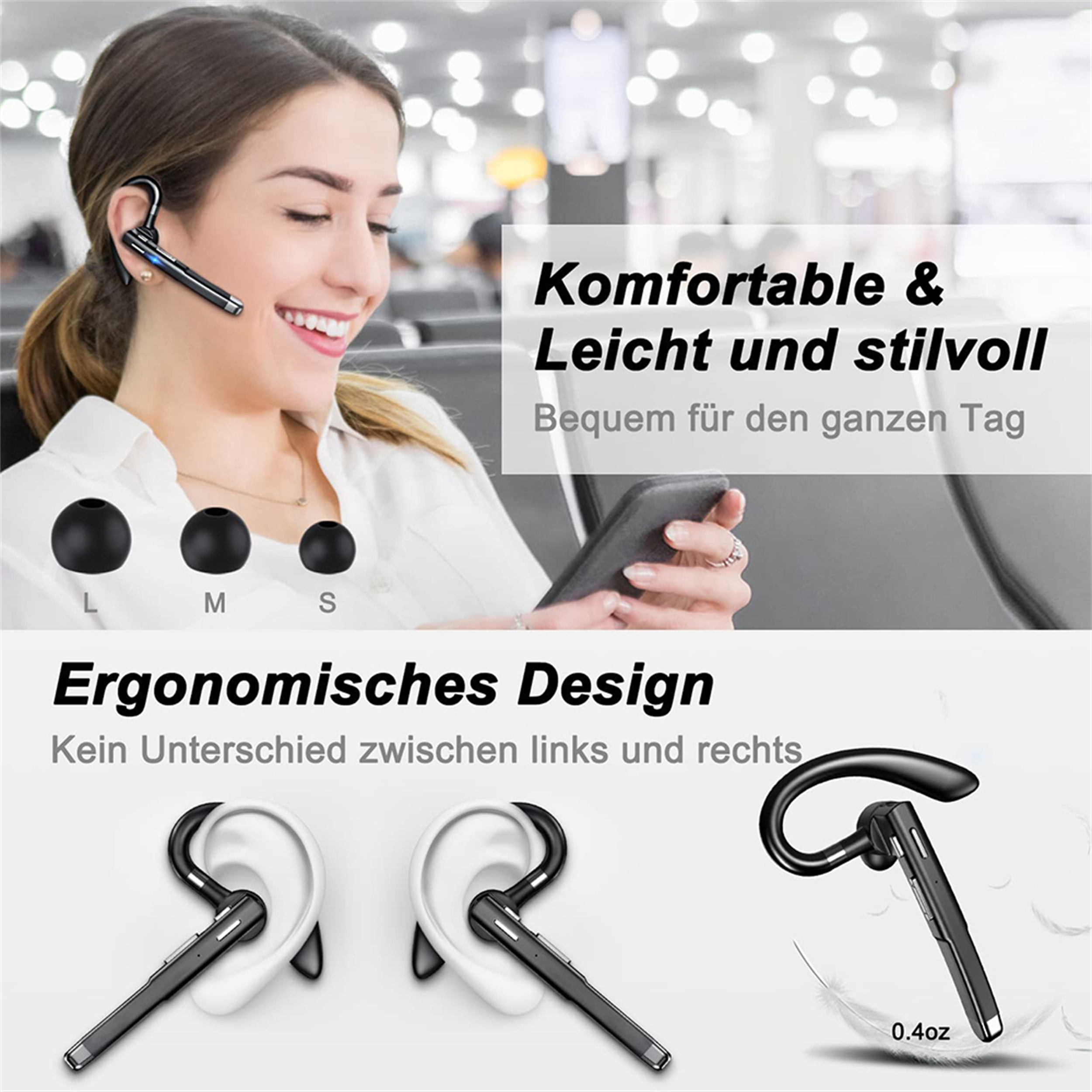 Eine lächelnde Frau, die ein schwarzes Freisprech-Headset trägt und dessen ergonomisches Design und Komfort hervorhebt.