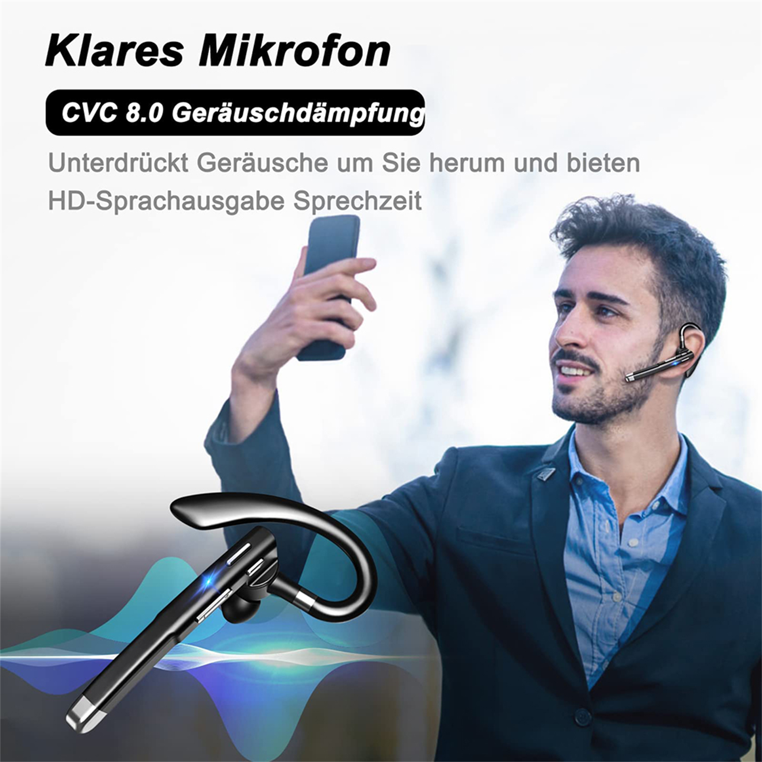 Mann im Anzug mit schwarzem Headset und Telefon für klare Anrufe.
