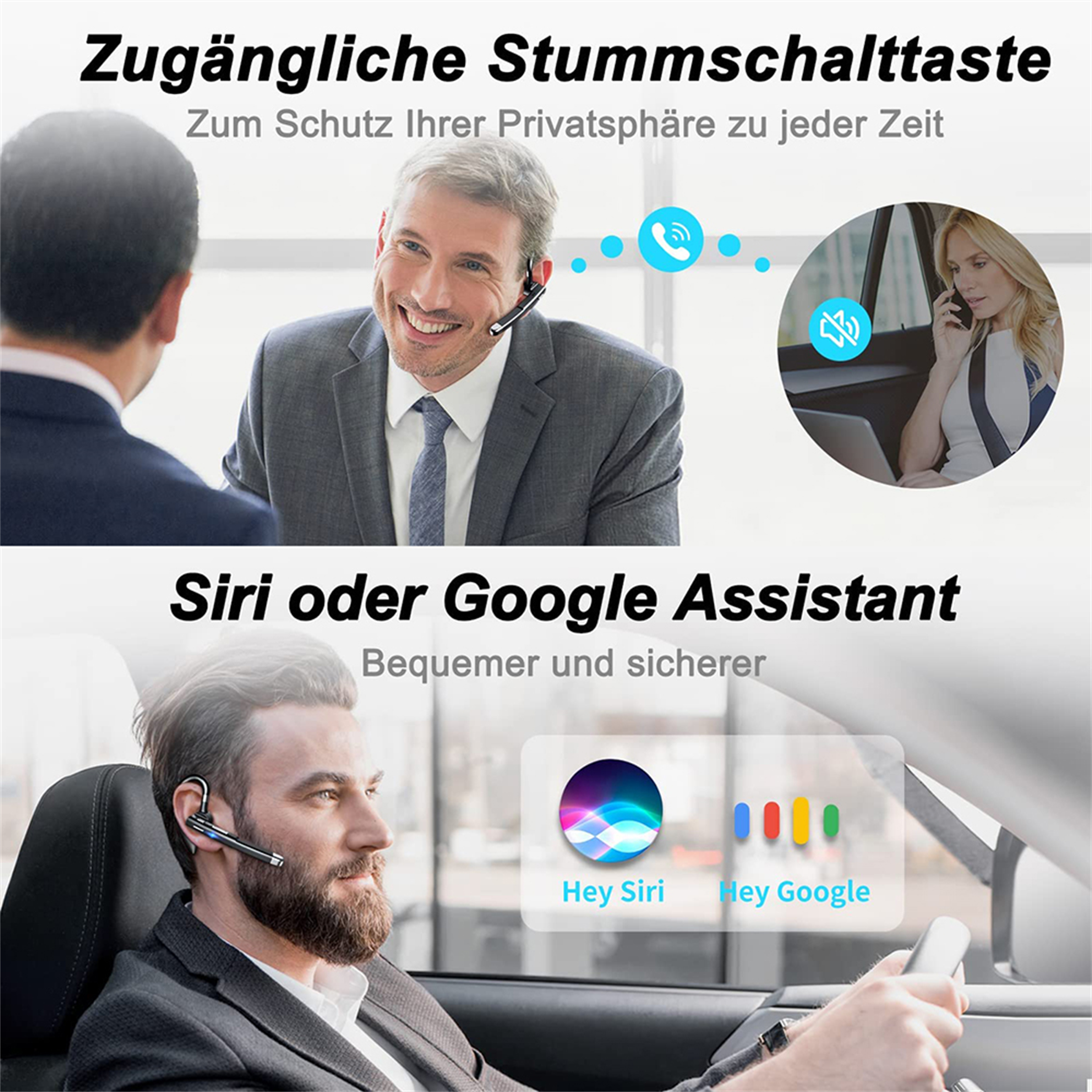 Personen, die schwarze Headsets mit Siri- und Google Assistant-Aufforderungen verwenden.