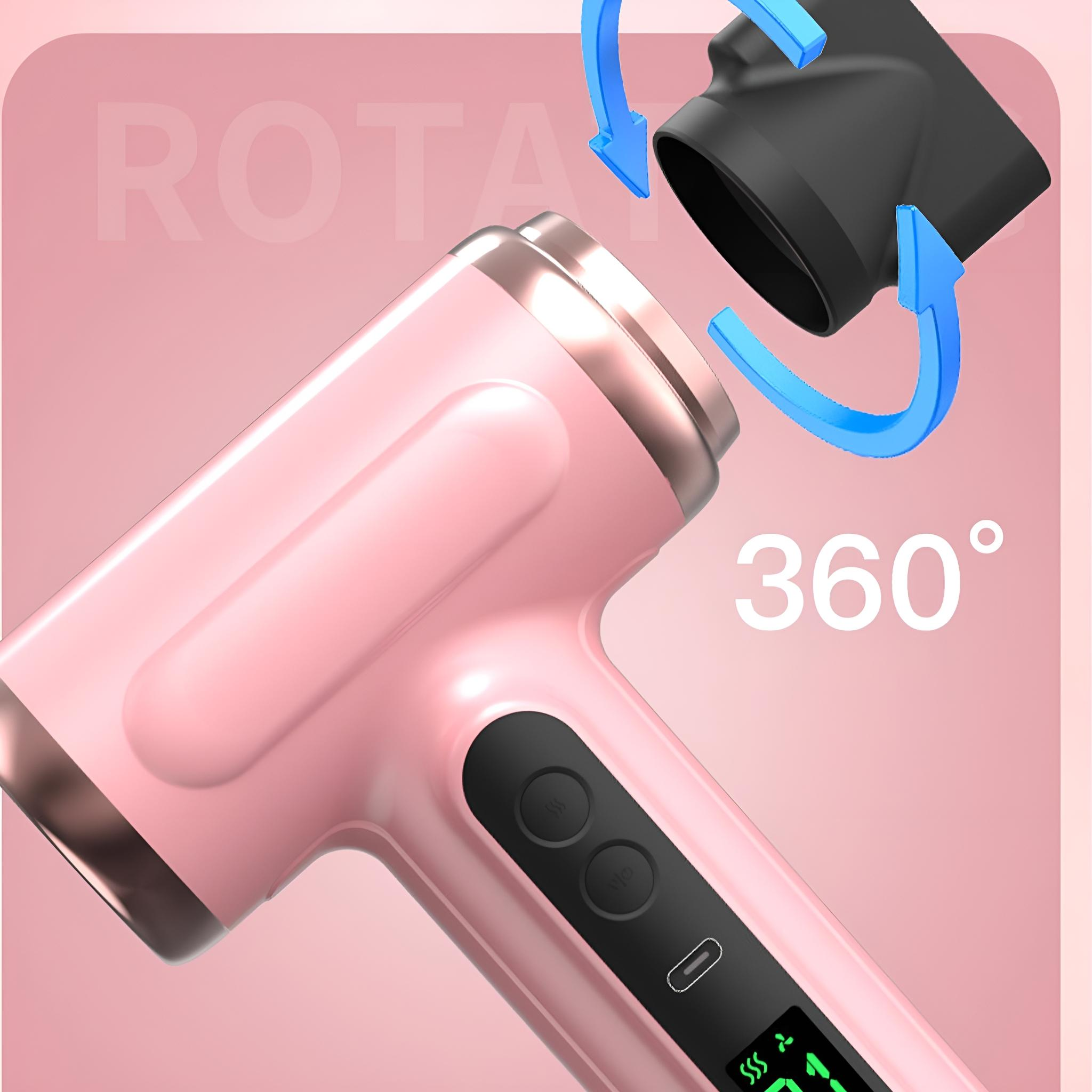 Ein rosafarbener Haartrockner mit abnehmbarer schwarzer Düse und dem Text "360°".