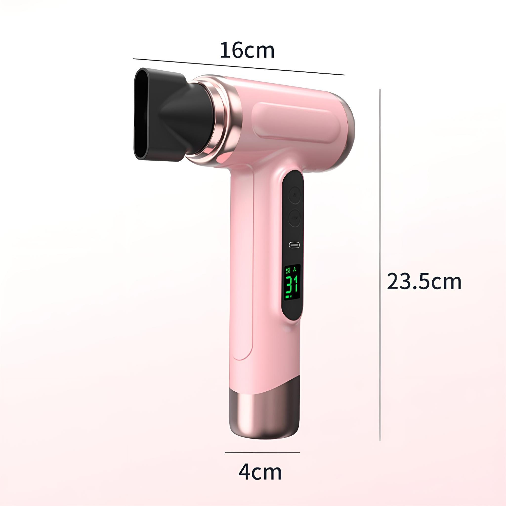 Abmessungen des rosa Haartrockners: 16 cm Länge, 23,5 cm Höhe und 4 cm Breite.