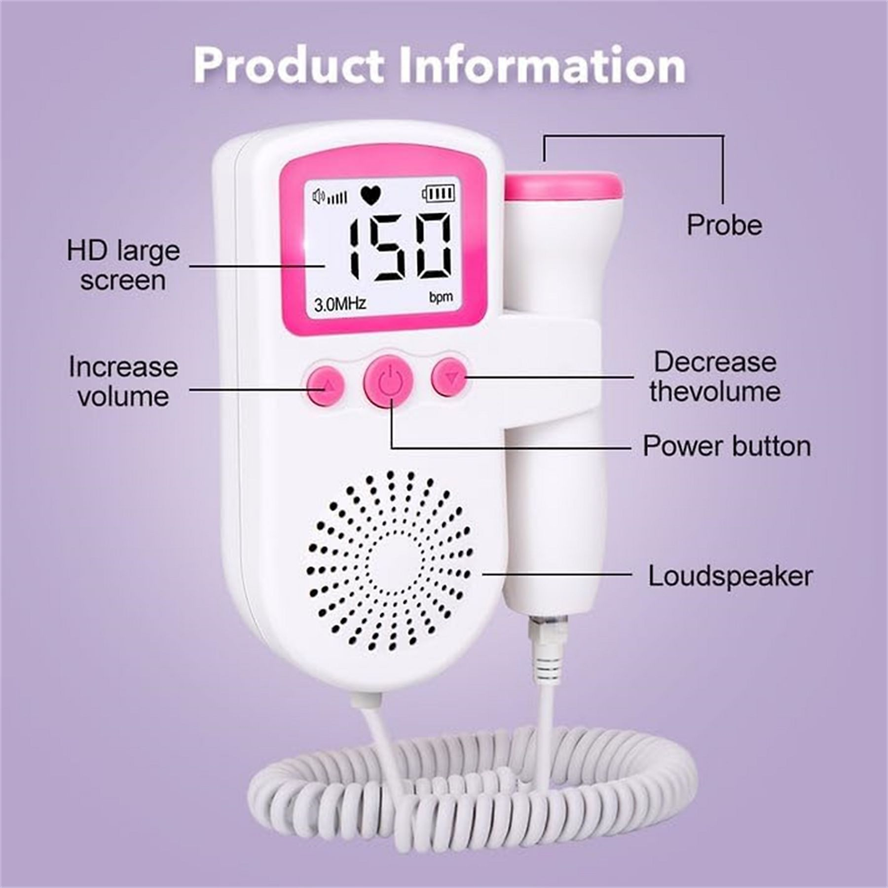 Ein weißer und rosa fetaler Doppler wird mit Beschriftungen angezeigt, die den Bildschirm, die Tasten, die Sonde und den Lautsprecher bezeichnen.