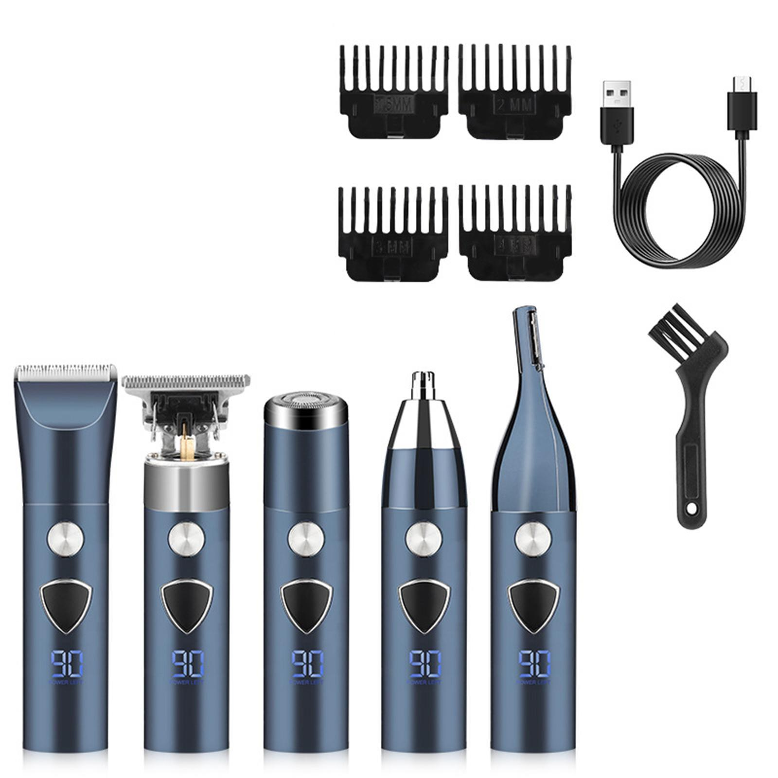 Set blauer Pflege-Tools: Clipper, Trimmer, Nasenhaartrimmer und Zubehör. Jedes Tool hat Display.