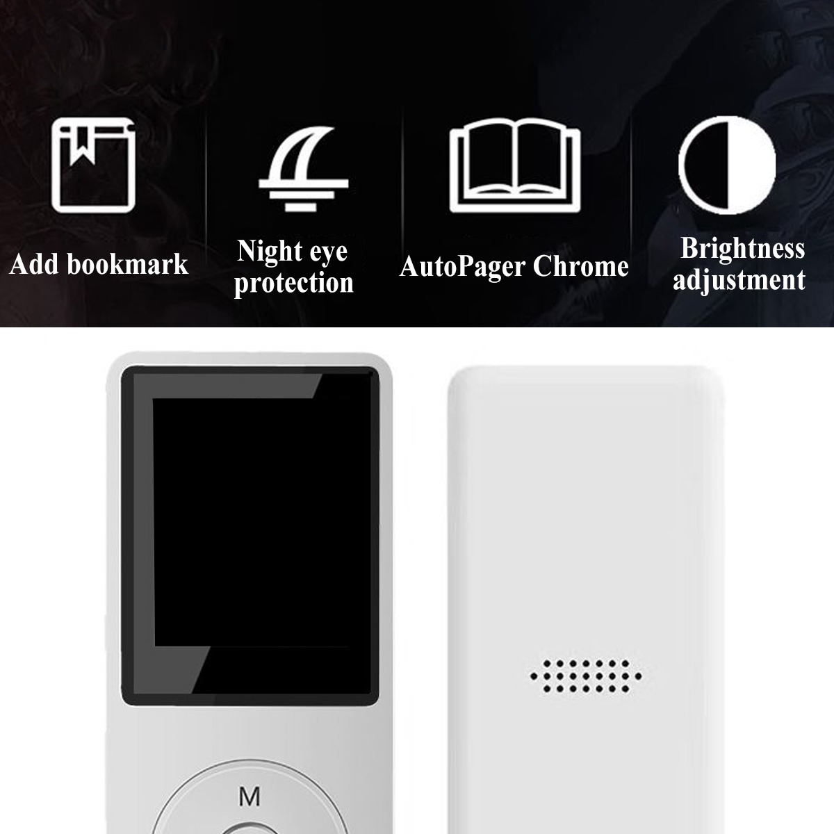 Weißer MP3-Player mit Funktionen wie Lesezeichen hinzufügen, Augenschutz bei Nacht usw.