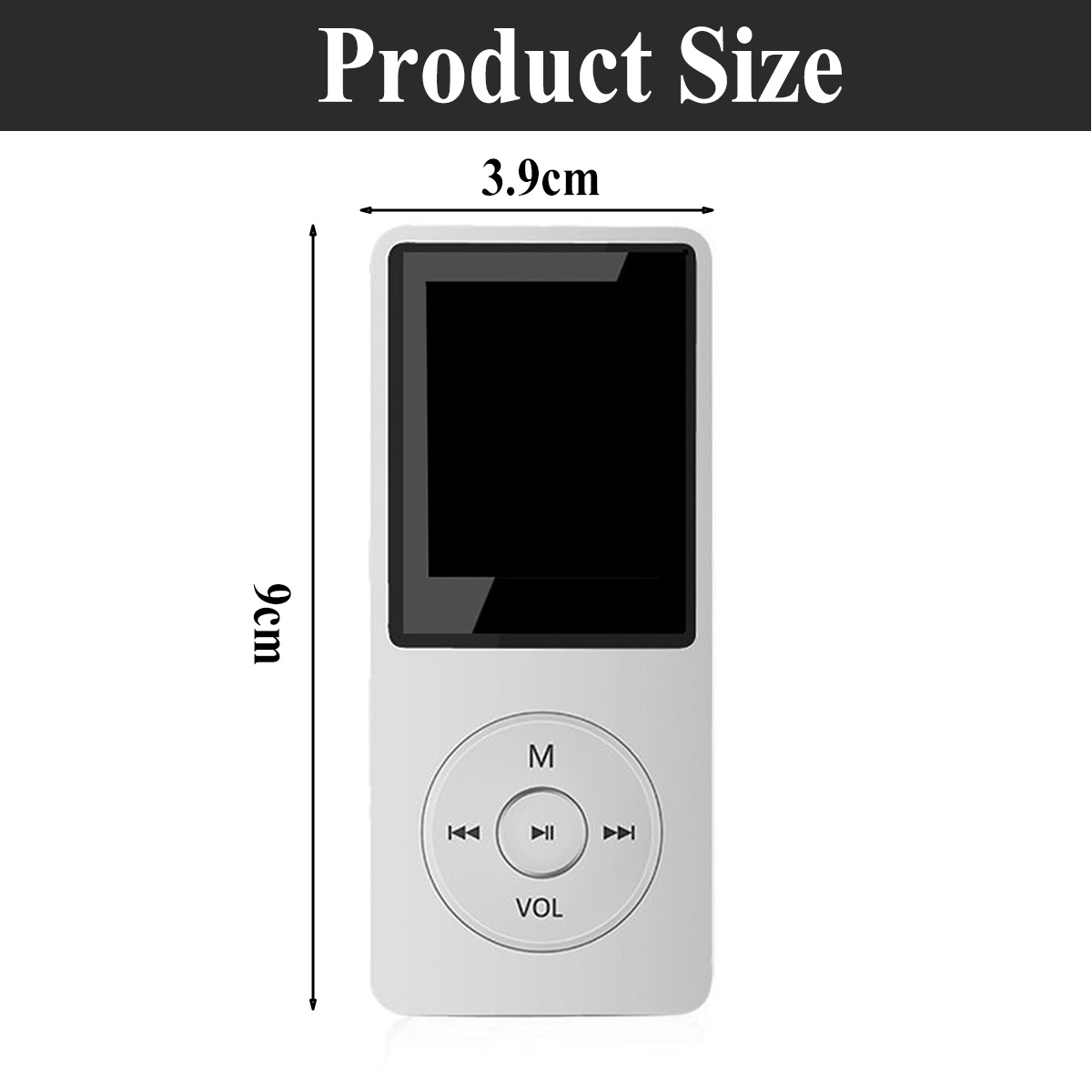 Weißer MP3-Player, Vorderansicht, Produktgröße: 3,9 cm breit und 9 cm lang.