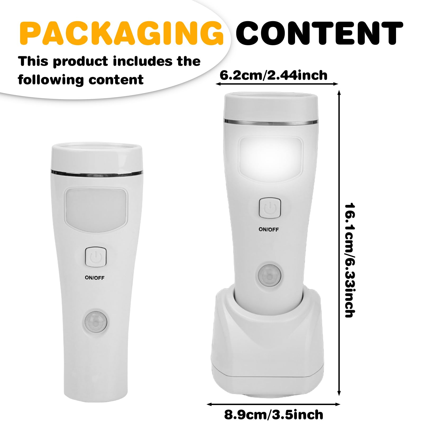 Weiße Taschenlampen. Verpackungsinhalt mit Abmessungen und den Etiketten auf dem Produkt.