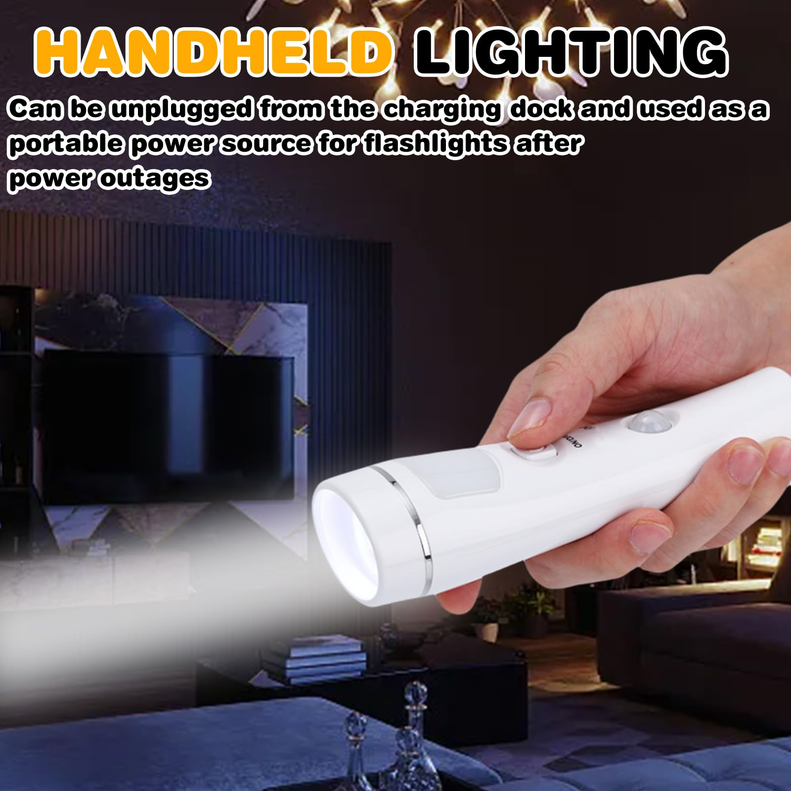 Eine weiße Taschenlampe wird von einer Hand gehalten und leuchtet in einen dunklen Raum. Der Text 'Handheld Lighting' ist sichtbar.