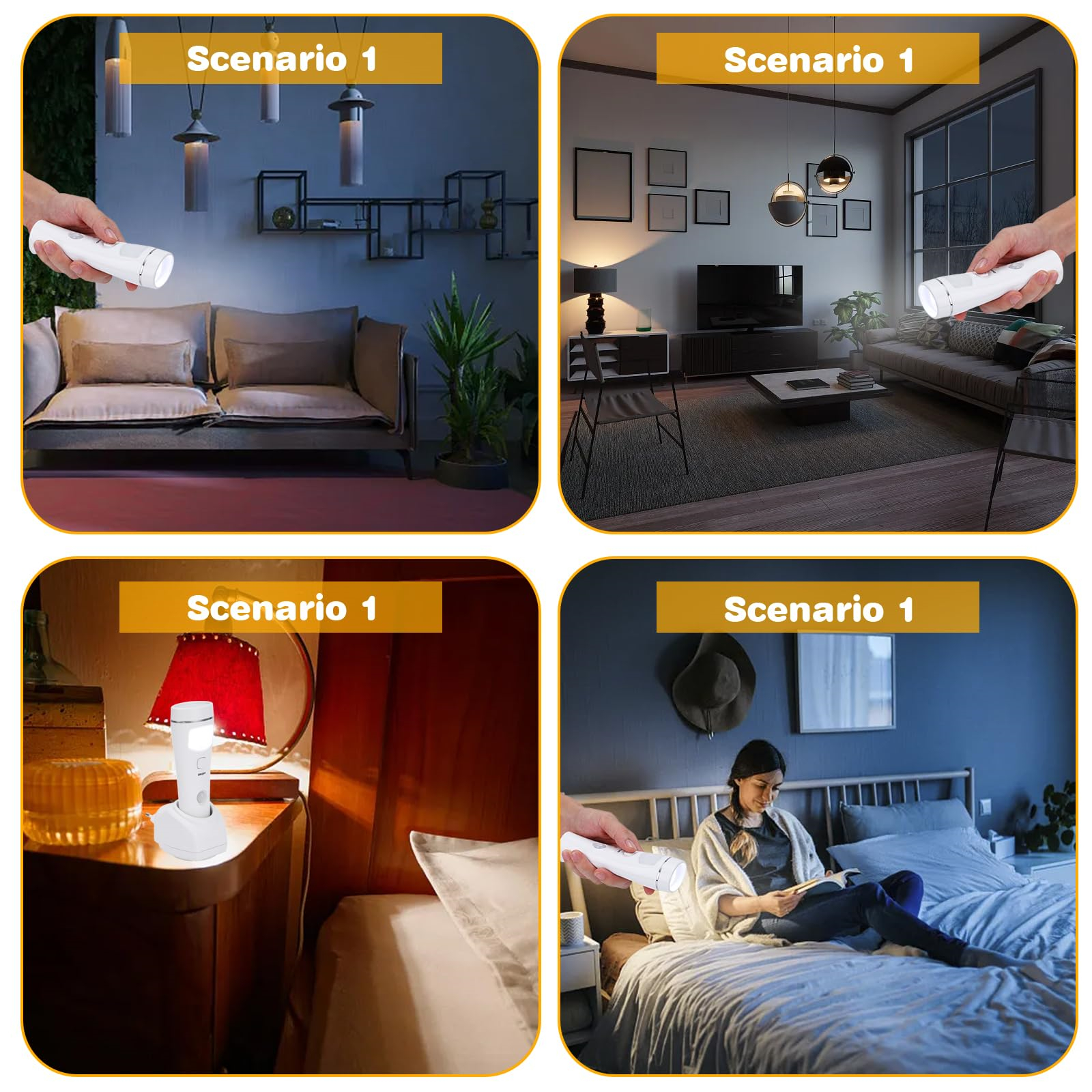 Vier Bilder, die eine weiße Taschenlampe in verschiedenen Szenarien zeigen: drinnen, auf einem Nachttisch und in der Hand.