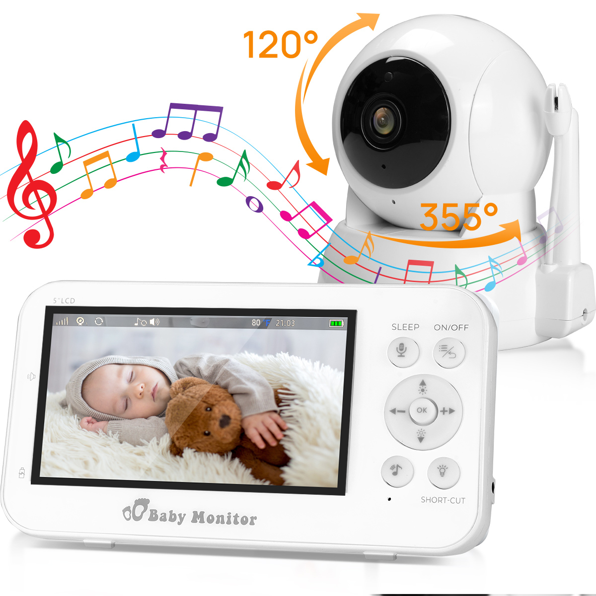 Babyphone mit schlafendem Baby. Monitor mit Bildschirm und Knöpfen. Kamera oben.