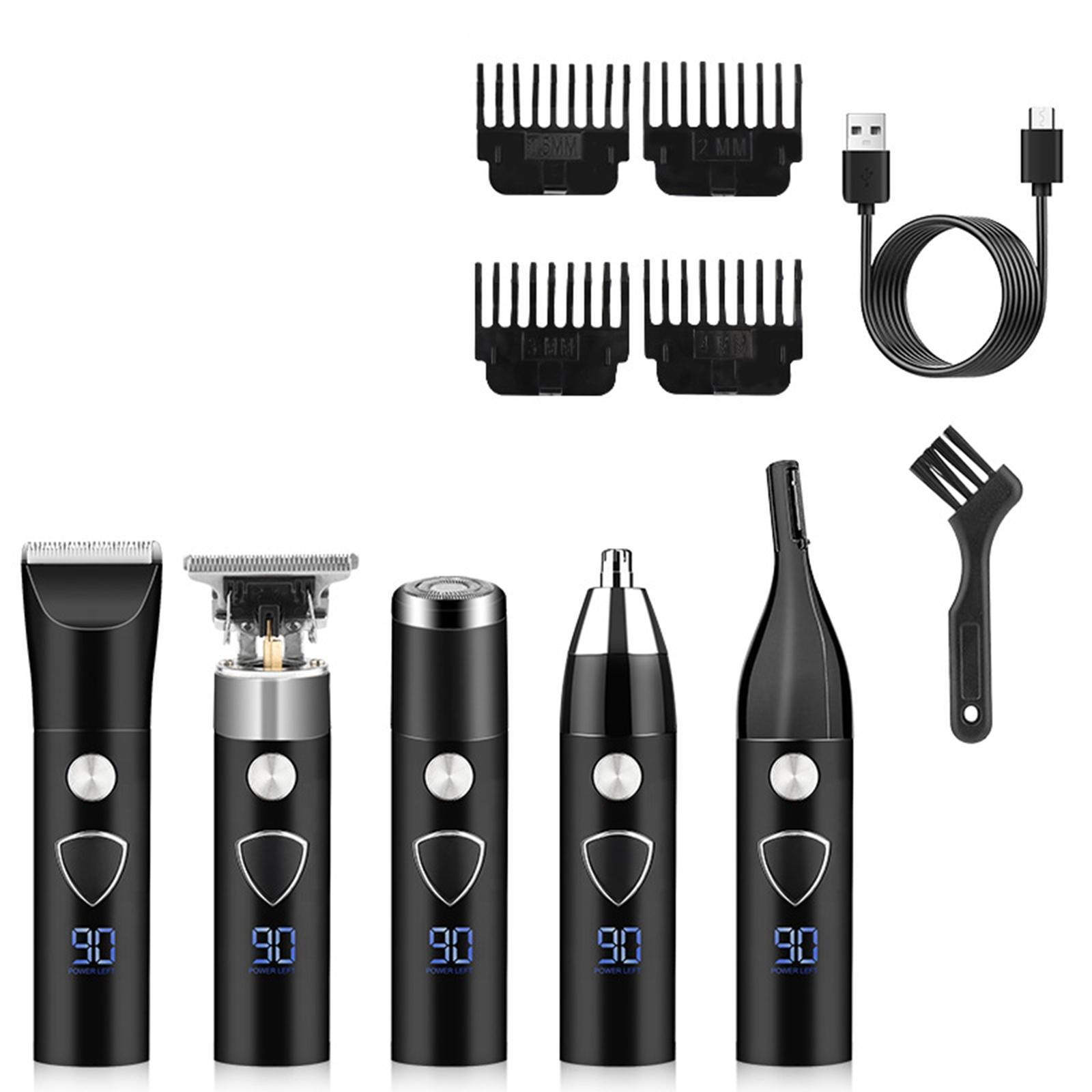 Ein Set schwarzer Pflege-Tools: Clipper, Trimmer, Nasenhaartrimmer und Reinigungsbürste, mit Ladezubehör.