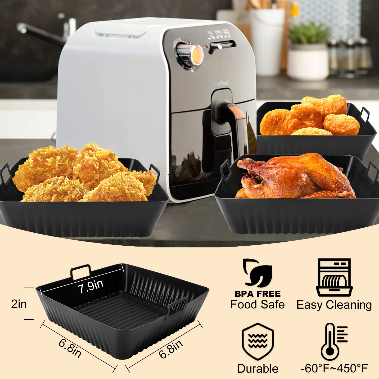Eine Heißluftfritteuse mit schwarzen, quadratischen Körben mit Essen. Abmessungen und Merkmale wie BPA-frei, lebensmittelecht und leicht zu reinigen.