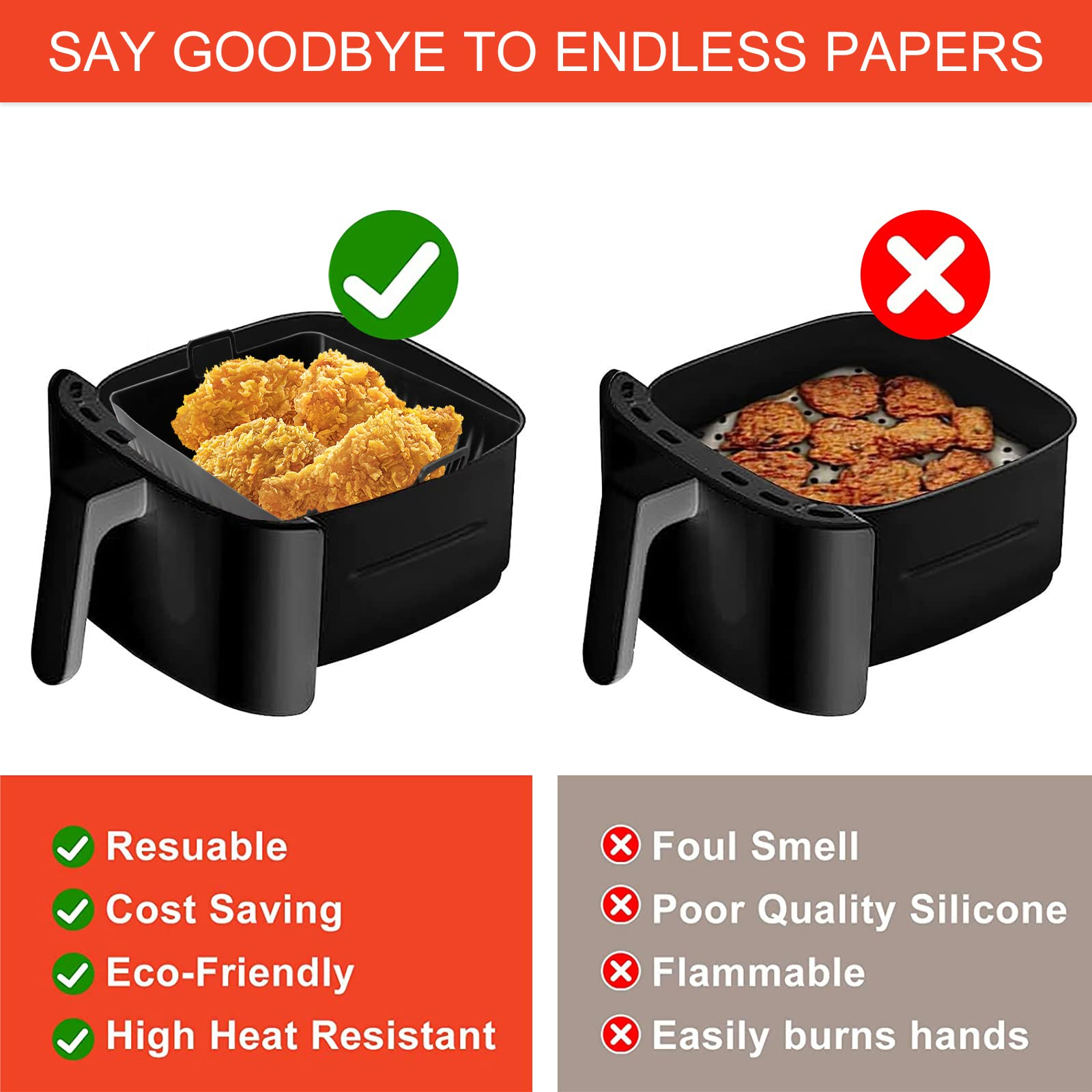 Airfryer-Vergleich: einer mit Essen, einer mit anderem Essen. Zeigt Vorteile: wiederverwendbar, kostensparend, umweltfreundlich, hitzebeständig.