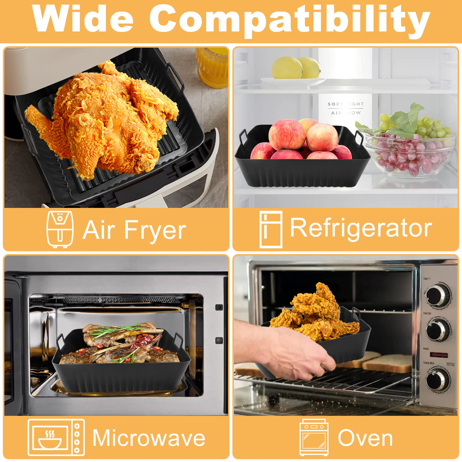 Ein Airfryer-Korb wird mit einer Heißluftfritteuse, einem Kühlschrank, einer Mikrowelle und einem Ofen verwendet. Zeigt verschiedene Lebensmittel in den Körben.