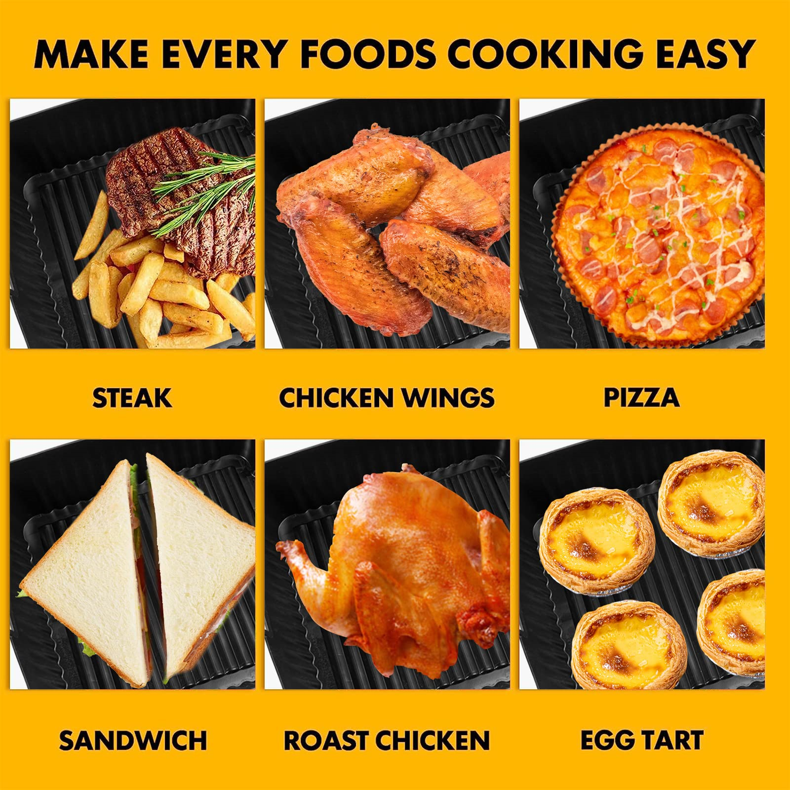 Verschiedene Gerichte wie Steak, Chicken Wings, Pizza, Sandwiches, Brathähnchen und Eiertörtchen werden in einer Heißluftfritteuse zubereitet.
