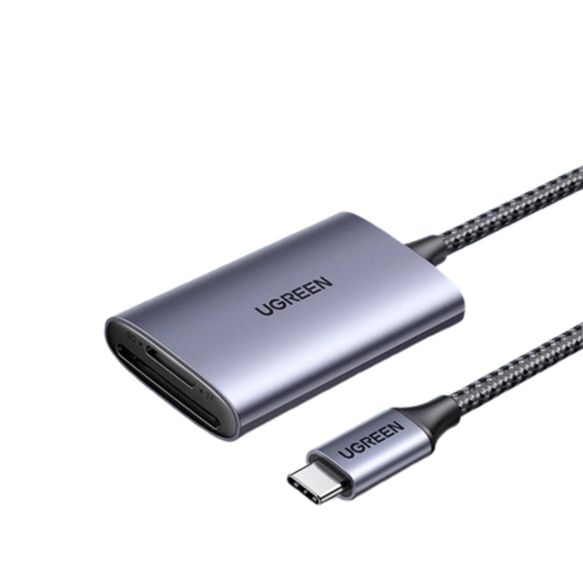 Ein UGREEN-Kartenleser mit einem USB-C-Kabel. Der Leser ist grau und trägt den Markennamen.