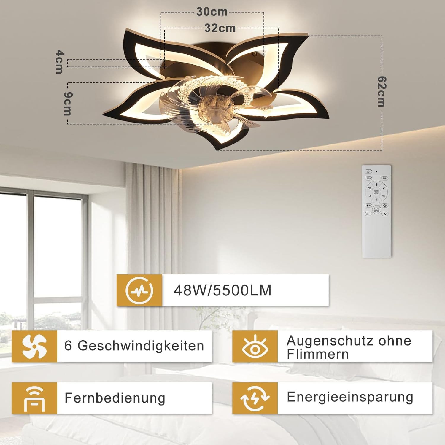 L'immagine mostra un ventilatore a soffitto a forma di fiore con dimensioni, telecomando e caratteristiche di risparmio energetico.