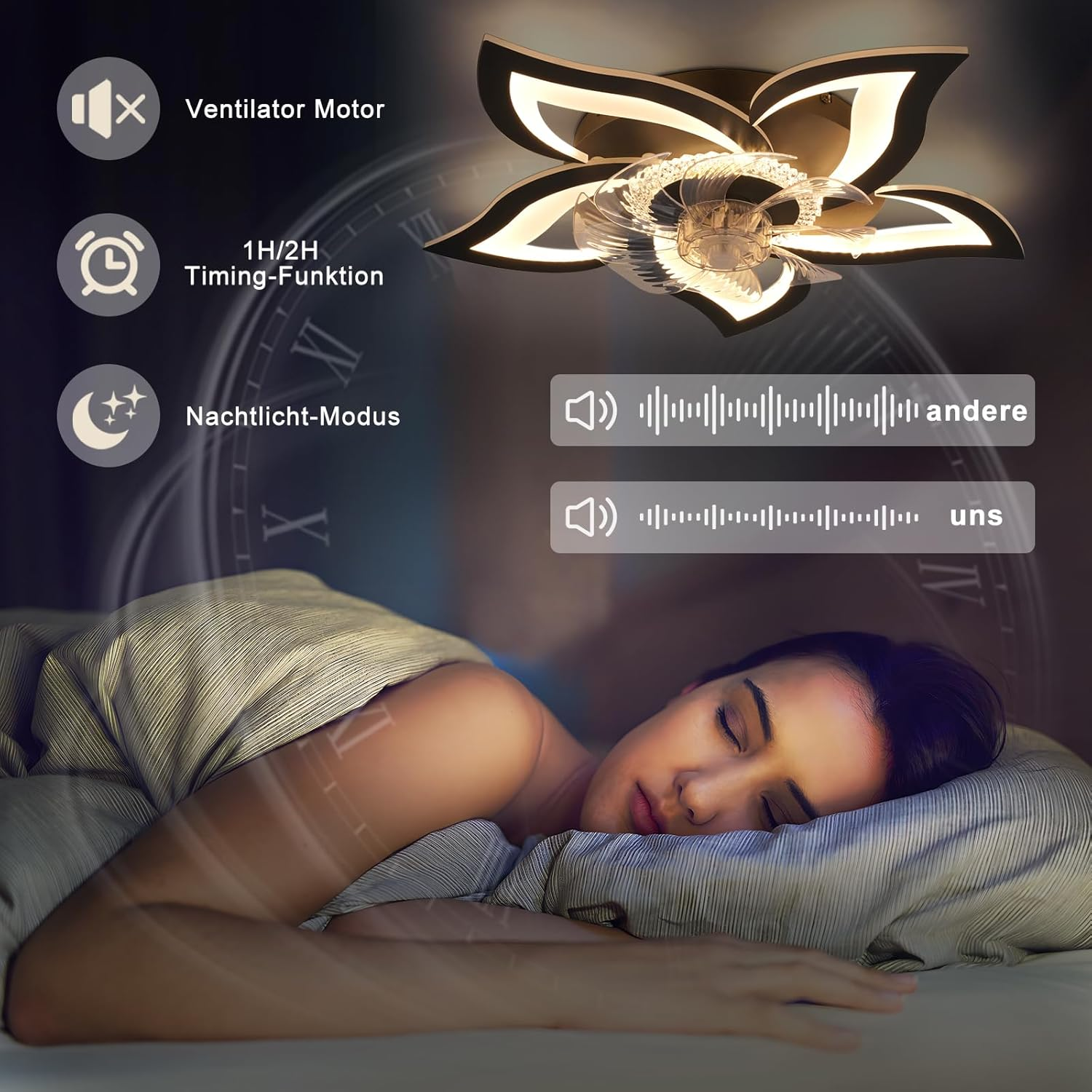 L'immagine mostra una donna che dorme profondamente con un ventilatore a soffitto a forma di fiore che fornisce una modalità luce notturna.