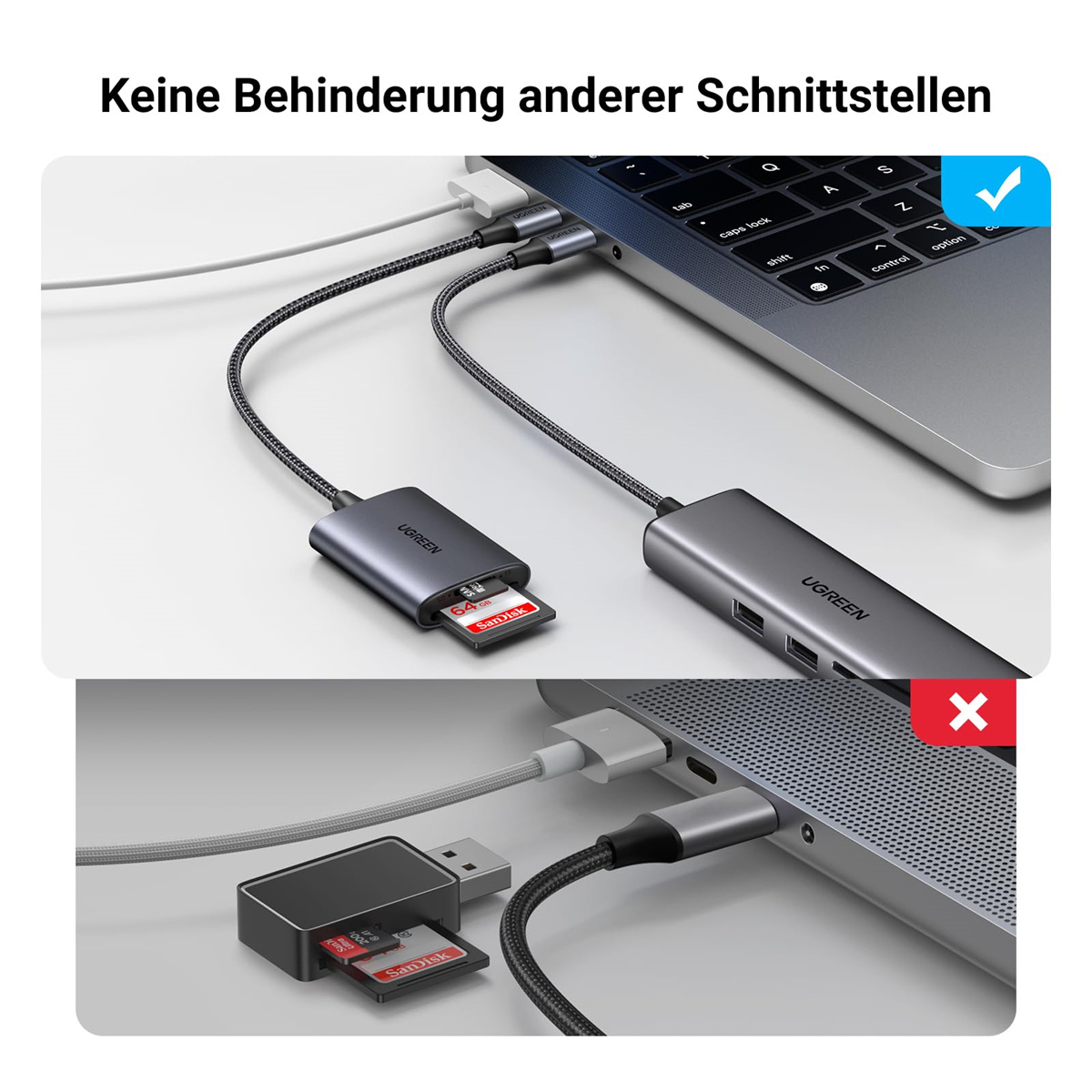 Das Bild zeigt einen UGREEN-Kartenleser, der an einen Laptop angeschlossen ist und die Kompatibilität mit anderen Schnittstellen demonstriert.