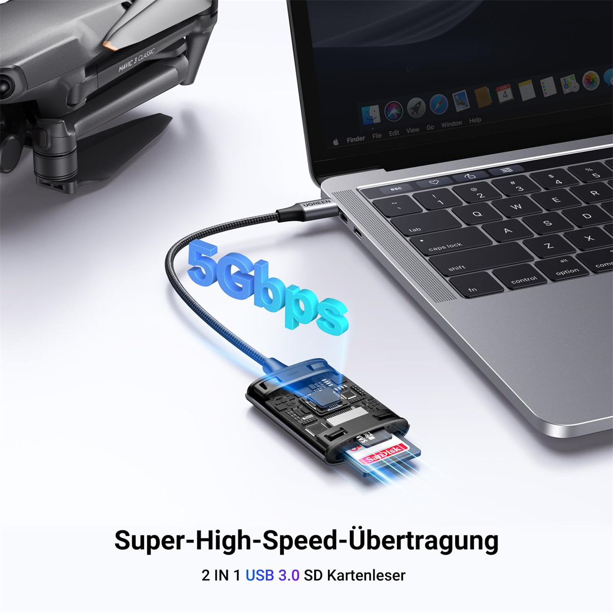Ein UGREEN-Kartenleser ist mit einem Laptop verbunden, im Hintergrund befindet sich eine Drohne, die die Datenübertragung demonstriert.