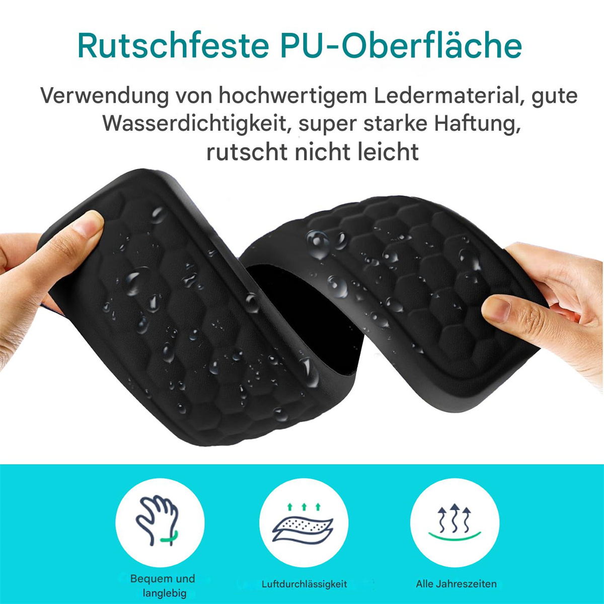Hände biegen ein schwarzes, wabenförmiges Pad mit der Aufschrift "Rutschfeste PU-Oberfläche" mit Symbolen für Komfort, Luftstrom und Jahreszeiten.