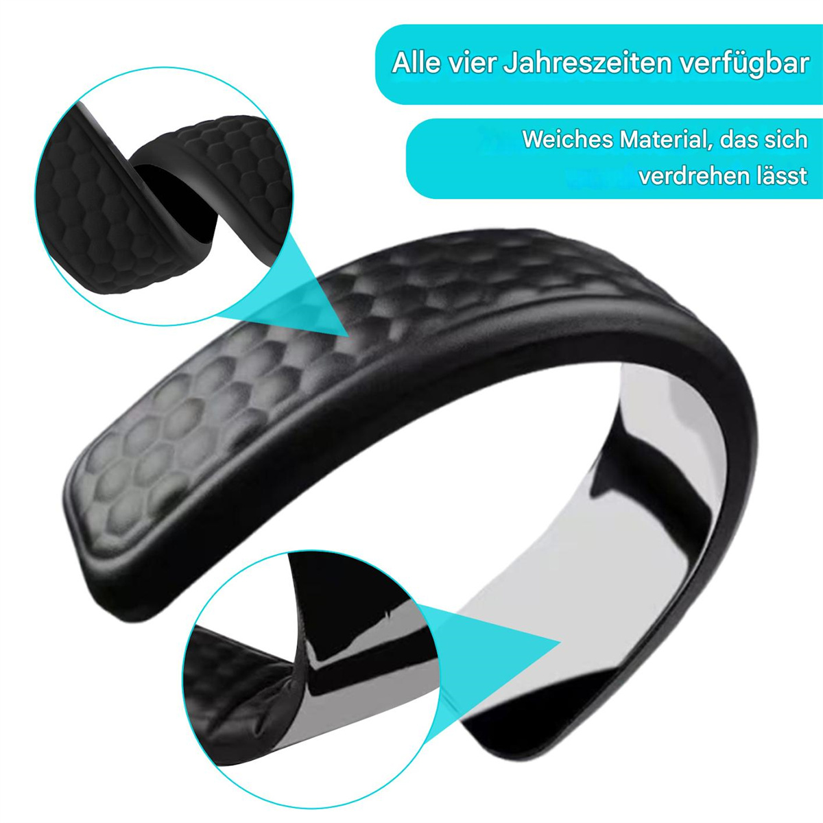Ein gebogenes Pad, das Flexibilität zeigt, mit der Aufschrift "Alle vier Jahreszeiten verfügbar" und "Weiches Material".
