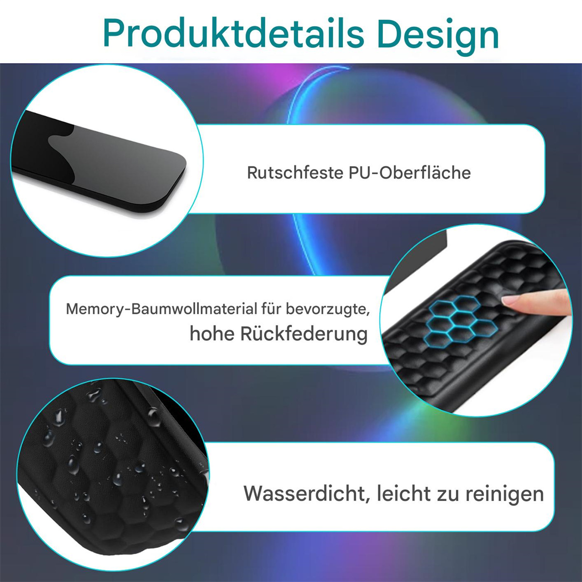 Produktdetails, die rutschfeste Oberfläche, Memory-Schaum für Rückfederung und wasserdichte, leicht zu reinigende Eigenschaften zeigen.