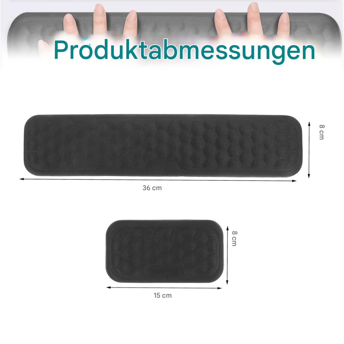 Produktabmessungen: eine lange Handgelenkstütze mit den Maßen 36 cm x 8 cm und eine kurze mit den Maßen 15 cm x 8 cm.