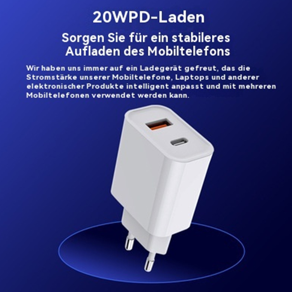 Ein weißes Ladegerät mit zwei Anschlüssen und einem US-Stecker. Das Ladegerät befindet sich auf einem blauen Farbverlauf.