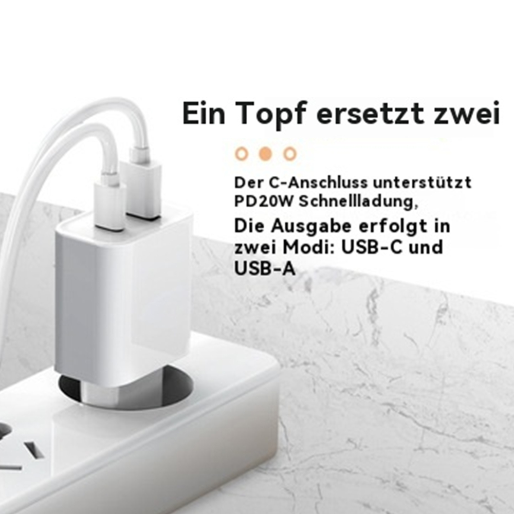 Ein weißes Ladegerät, das in eine Steckdose gesteckt ist, mit zwei Ladekabeln. Text auf Deutsch beschreibt seine Funktion.