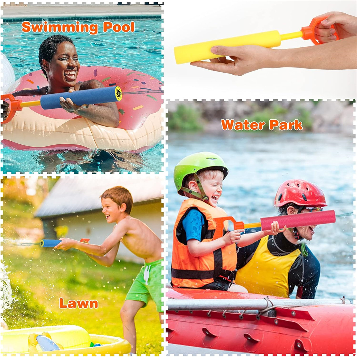 Eine Collage zeigt Menschen, die in verschiedenen Wasserumgebungen mit bunten Wasserspritzern Spaß haben.