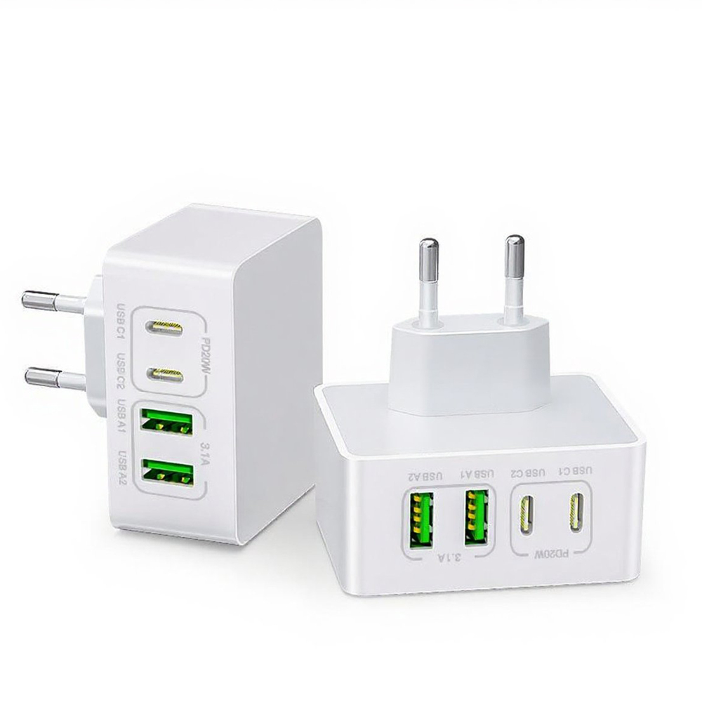 Zwei weiße USB-Wandladegeräte mit mehreren Anschlüssen.