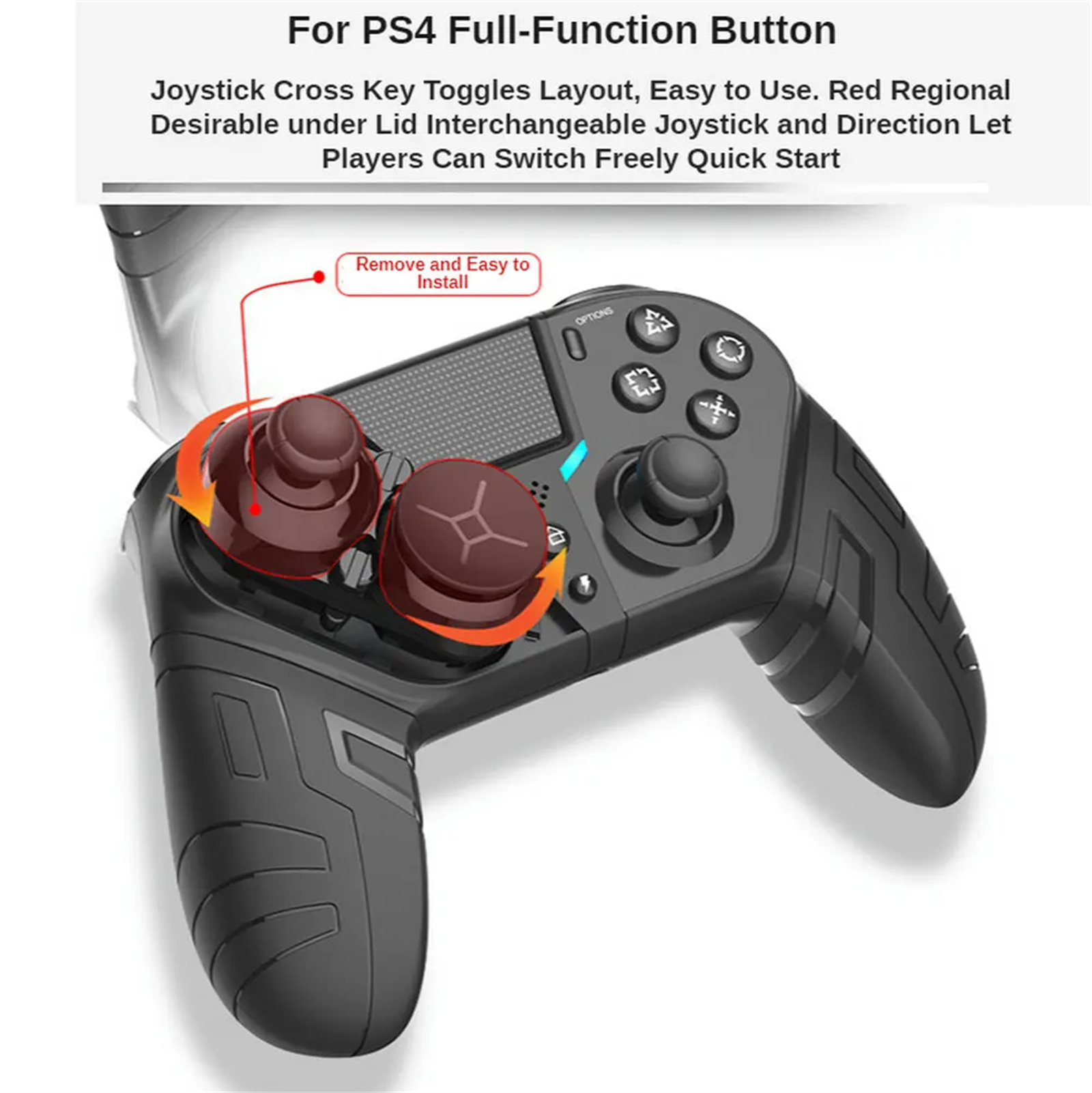 Ein schwarzer Gamecontroller mit roten Joysticks, Optionen und Richtungstasten.