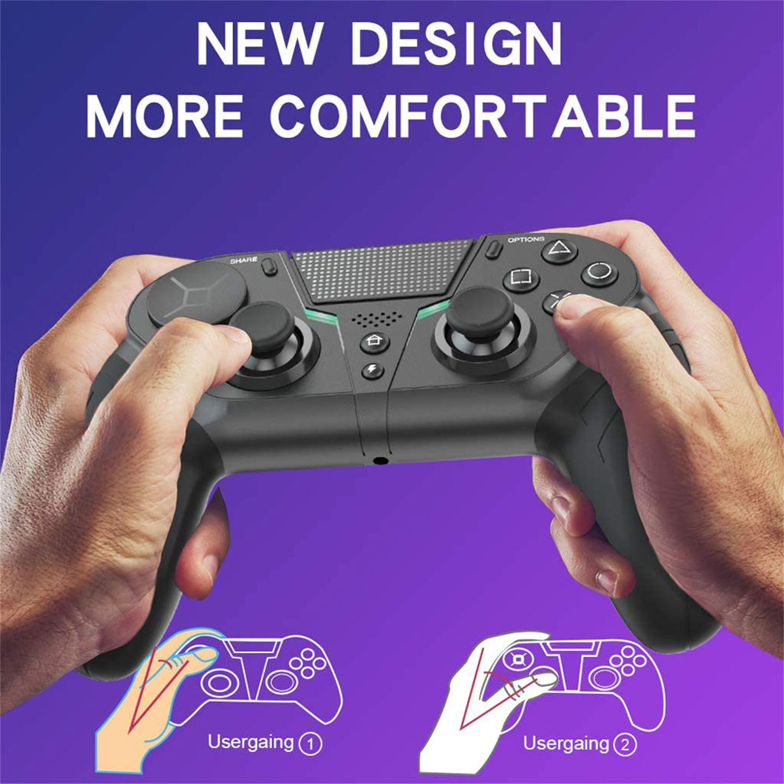Hände halten einen schwarzen Gamecontroller mit sichtbaren Knöpfen und Joysticks. Diagramme zeigen bequeme Griffpositionen.