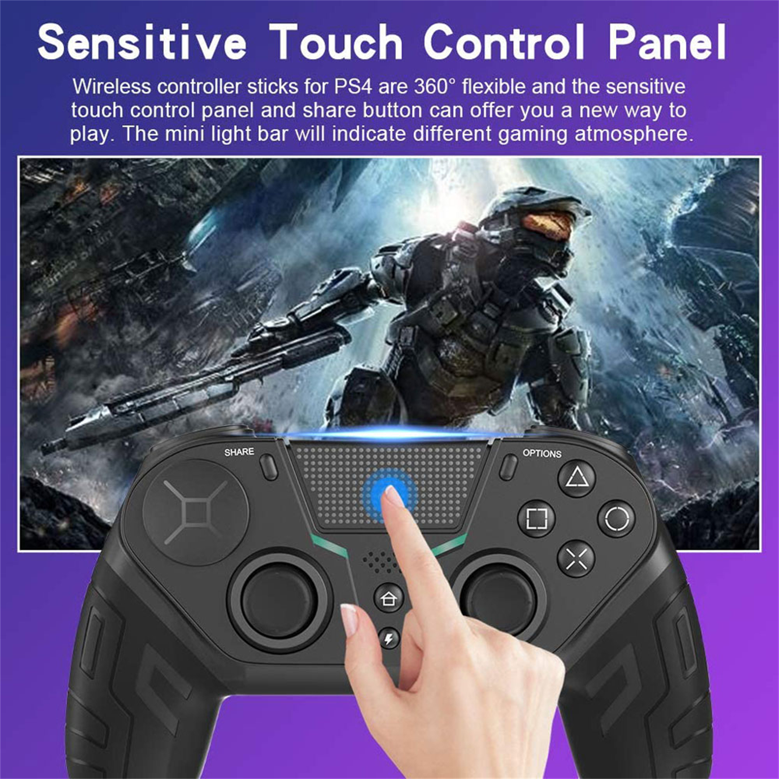 Hand, die einen schwarzen Gamecontroller mit blauem Licht berührt, vor einem Gaming-Szene-Hintergrund.