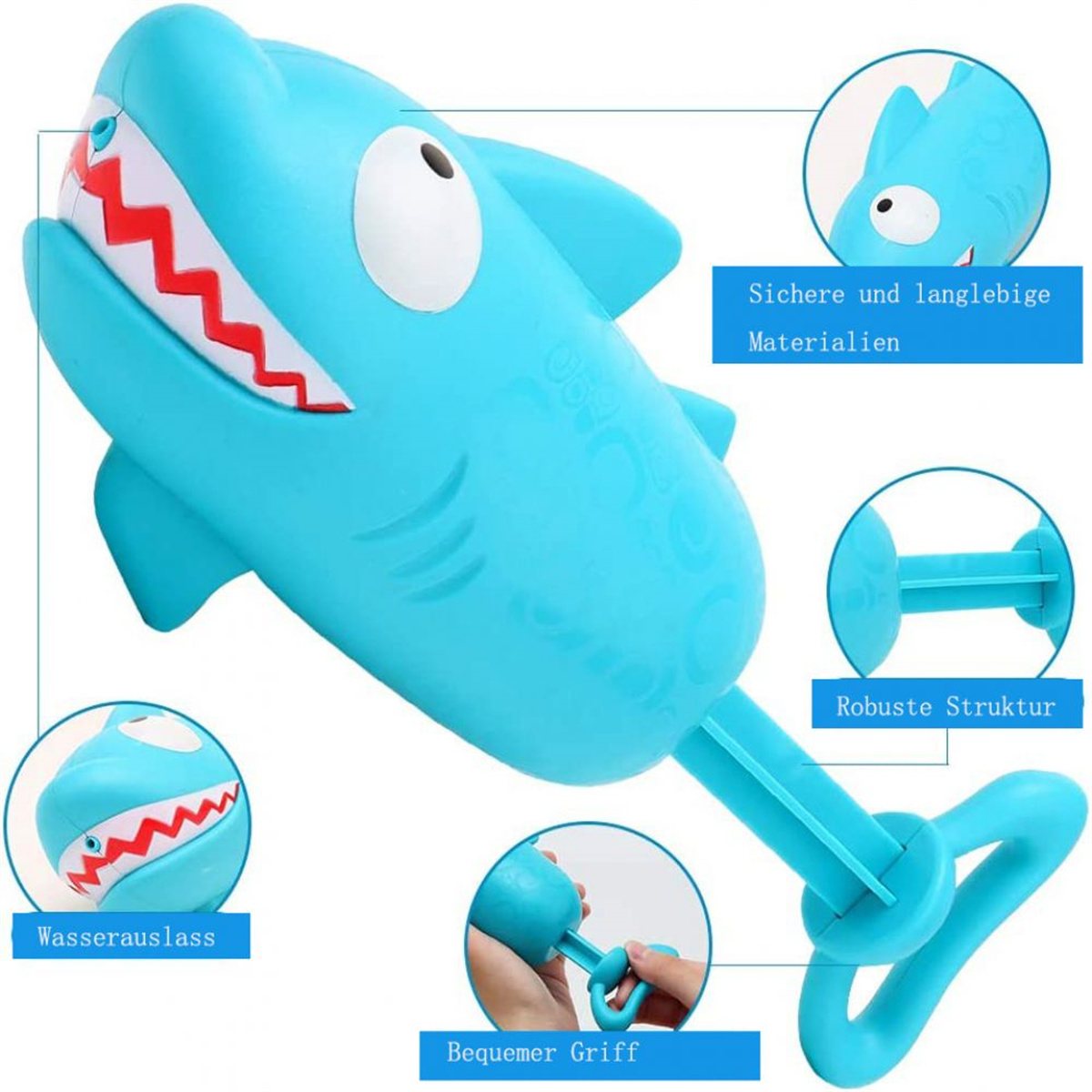 Eine blaue Hai-Wasserpistole ist abgebildet, deren Funktionen auf Deutsch beschriftet sind.