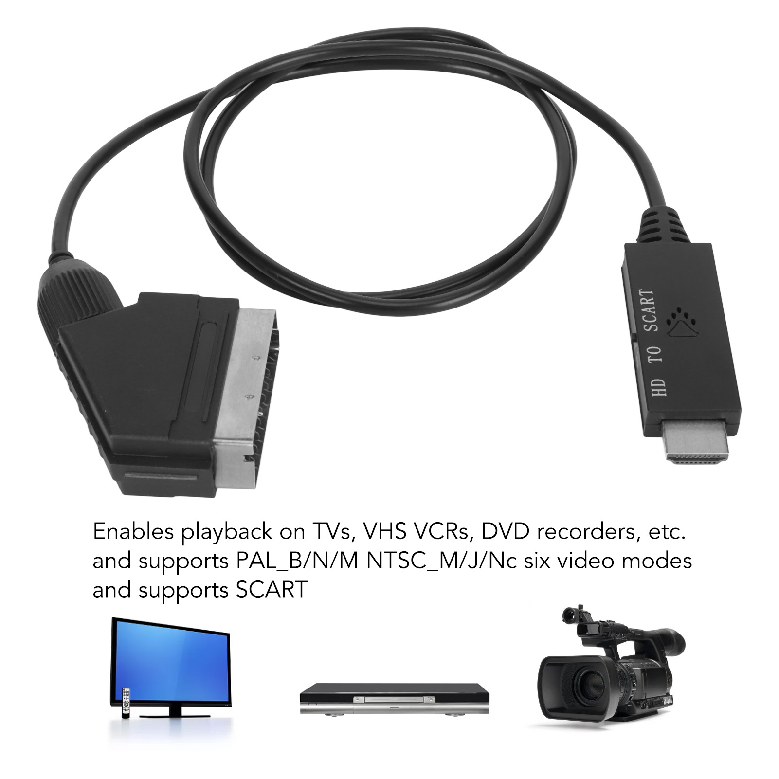 Schwarzes HD-zu-SCART-Adapterkabel mit verschiedenen Wiedergabegerätesymbolen darunter.