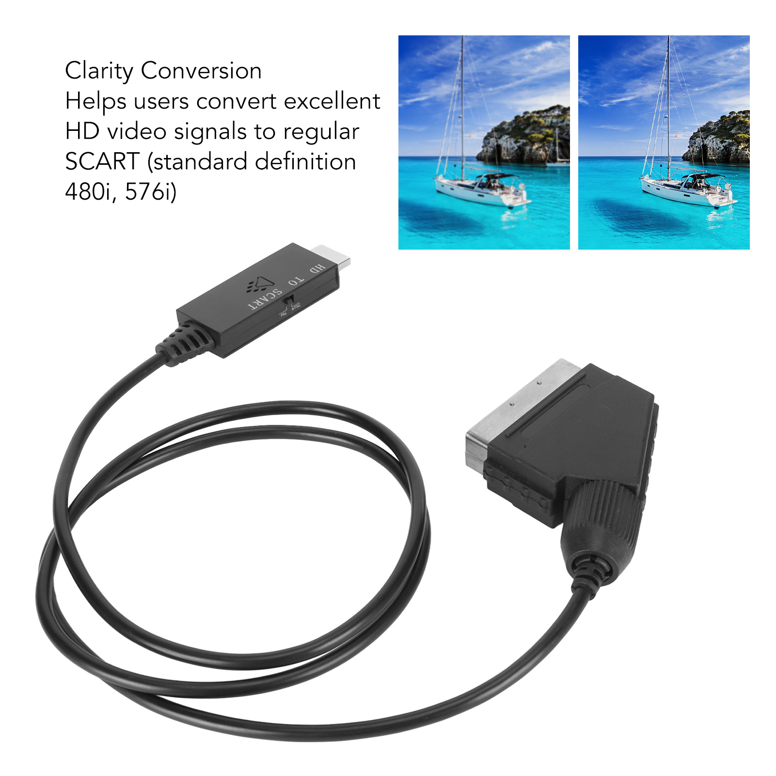 Ein schwarzes HD-zu-SCART-Adapterkabel ist mit einem Segelbootbild im Hintergrund abgebildet.