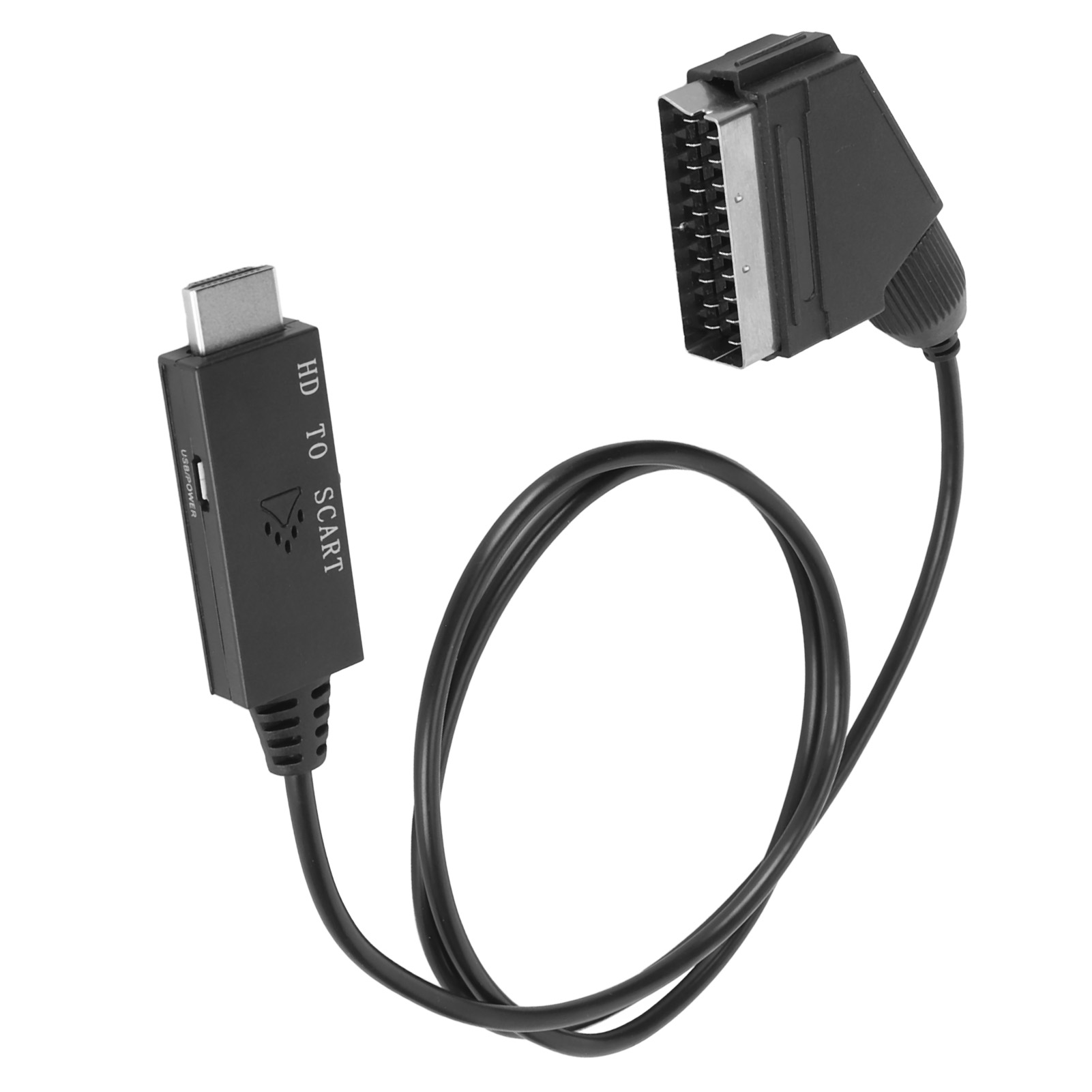 Schwarzes HD-zu-SCART-Adapterkabel mit Anschlüssen an jedem Ende.