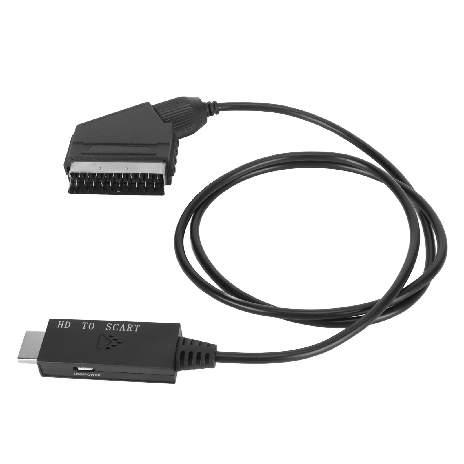 Ein schwarzes SCART-zu-HDMI-Adapterkabel mit einem SCART-Anschluss und einem USB-Stromeingang.