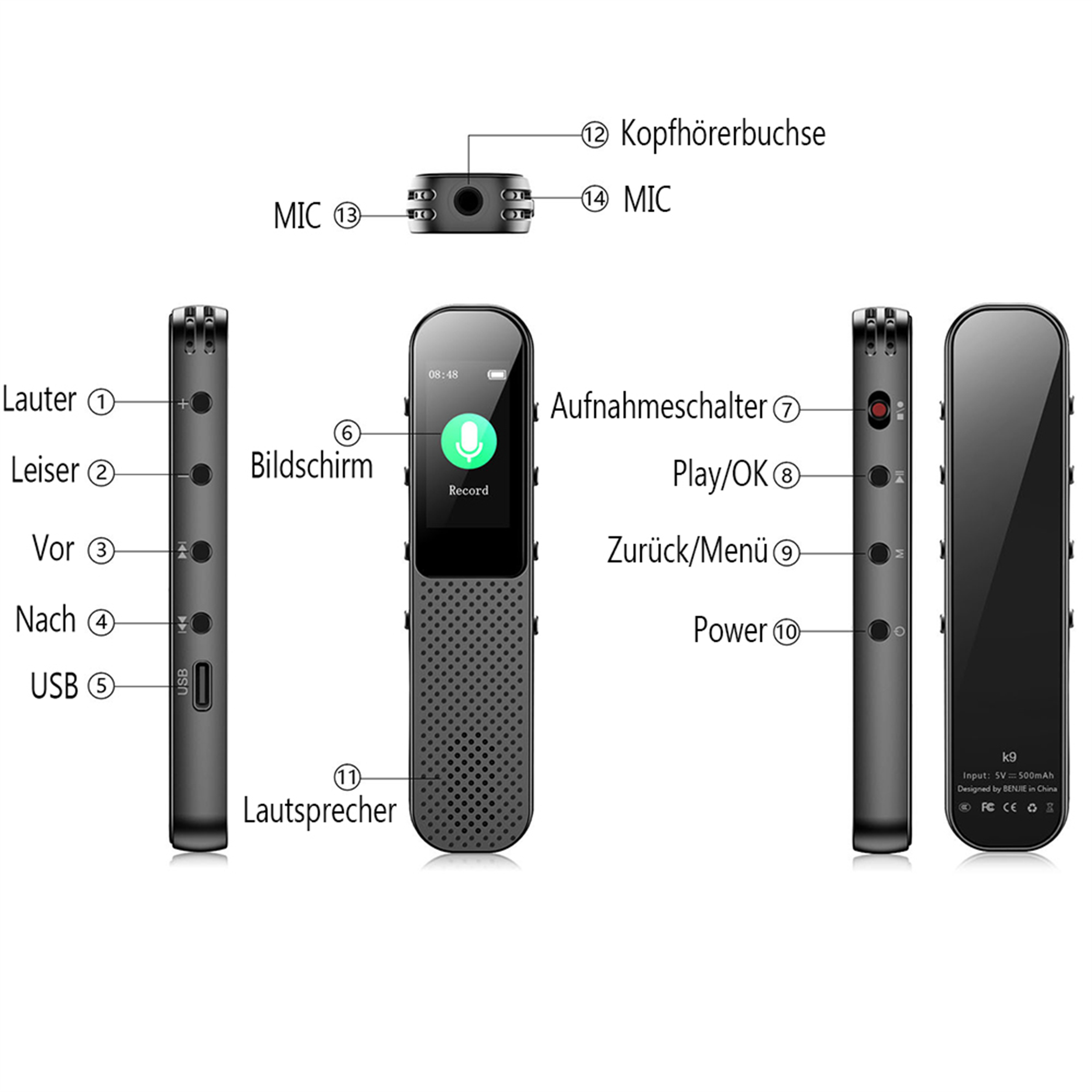 Ein schwarzer Diktiergerät mit beschrifteten Teilen auf Deutsch, darunter Mikrofon, Bildschirm und USB-Anschluss.